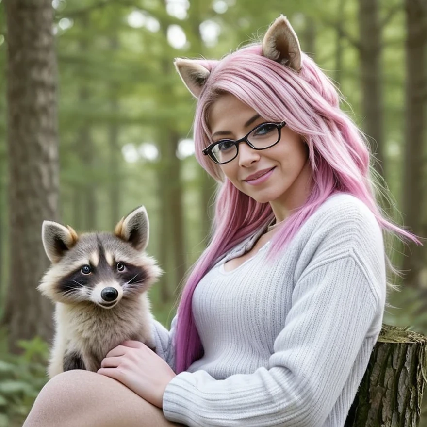 photograph of sexy, cute Alexa Bliss. She is wearing glasses on the end of her nose and an open sweater revealing lots of cleavage as she sits on a tree stump reading a book in a brightly lit mythical wooded area. The sun casts an aura around her and the land is rich in colorful flora. She is accompanied on her book reading adventure by a cute fox, an adorable raccoon and a huggable little pig ,URB,realistic breast