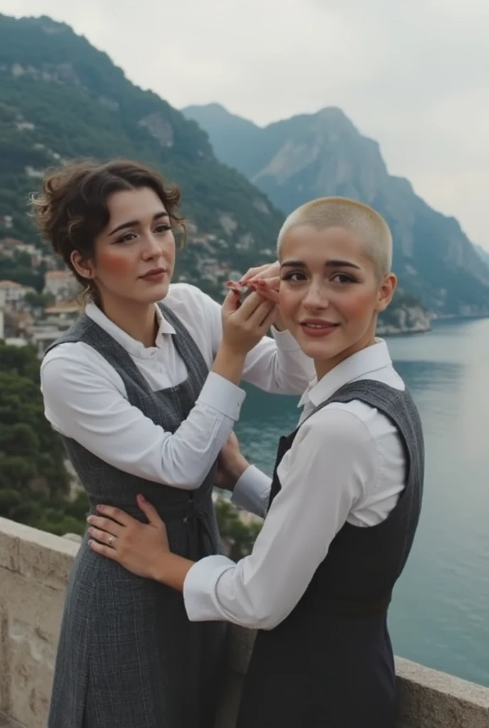 2 beautiful young 28 yrs old woman, closely shaved pixie cut the other shaving the head of the first, ((Formal work attire)), on the Amalfi coast
