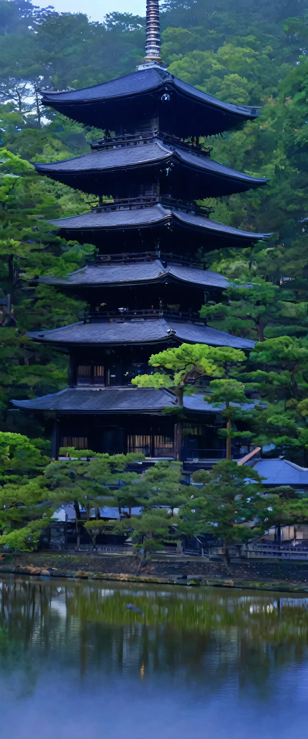 With high definition images，((masterpiece)), (Best Quality), (Aesthetics of Ancient Architecture), Five-story pagoda of Horyuji Temple,　Five-story tower、５Five-story pagoda of Horyuji Temple with a large temple in the background, There is a slight morning mist, Images seen through the eyes of humans.Exact appearance photo