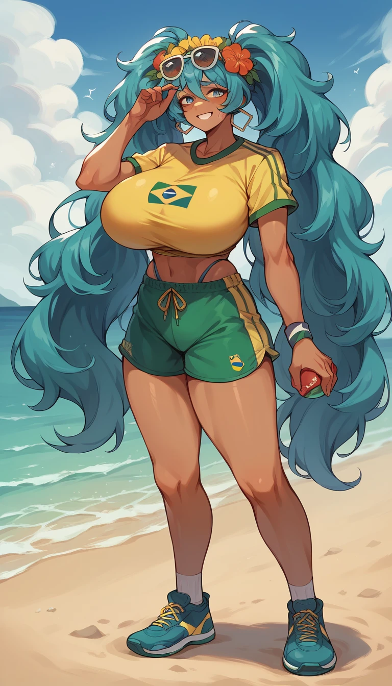 Brazilian Miku, dark skin, Brazilian sportswear, floral headdress, blue super long twin tails, wearing sunglasses on the beach, holding Brazilian soda in hand, Super huge big breasts, breast enlargement, full-body shot, shy smile