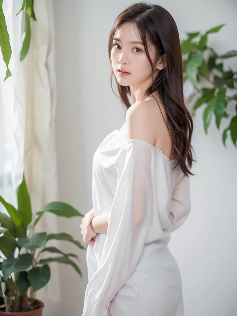 a thai woman stands in a soaked water  invisible silk nightgown adorned with a scalloped trim. Her long,highlight wavy brown hair is cascading down her shoulders, framing her face. She is in front of a window, with a potted plant on the left side of the frame, adding a touch of greenery to the scene.