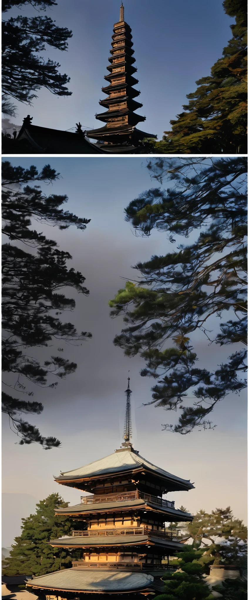 With high definition images，((masterpiece)), (Best Quality), (Aesthetics of Ancient Architecture), Five-story pagoda of Horyuji Temple,　Five-story tower、５Five-story pagoda of Horyuji Temple with a large temple in the background, There is a slight morning mist, Images seen through the eyes of humans.Exact appearance photo