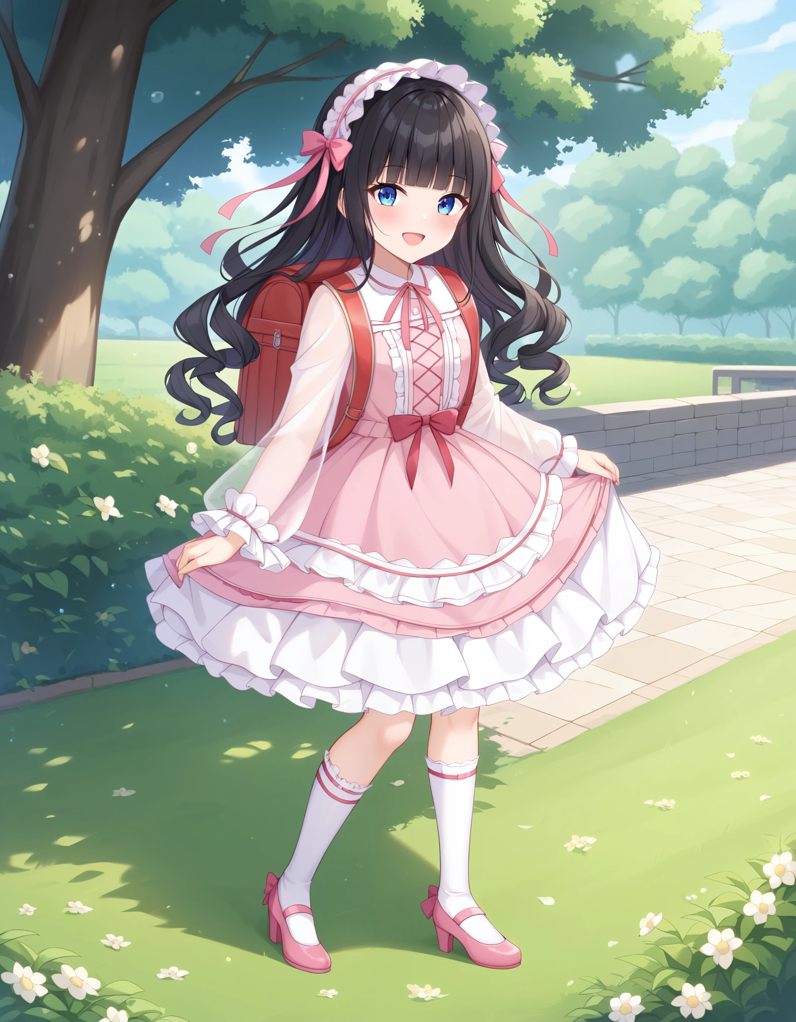 best quality, masterpiece, lifelike, 1 girl, alone, eternal, black hair, long curly hair, blunt bangs, Smile, pink skirt, pink ****ta dress, layered skirt, ****ta style long skirt,Layered dress lace-trimmed skirt, decorate, lace, long sleeve, puff sleeves, wide sleeves, Transparent sleeves, hair accessories, In the flower garden, flower, Detailed background,  delicate face，pink blush，white，knee socks, Pink shoes，tutu，Lots of lace，((​masterpiece))、(top quality)、8K、high detail、Super detailed、 night、2 woman，pink ****ta dress((dreamy atmosphere:1.1))、Seductive and whimsical style、​masterpiece、born、Scenes resembling fairy tale illustrations、Intricate details showcase the ruffles and intricate design of the ****ta dress、Beautifully、magic、capricious、 Beautifully、dream aesthetics、「𝓡𝓸𝓶𝓪𝓷𝓽𝓲𝓬、ethereal、charming、fickle、magic」、Realism、Visual effects、wearing randoseru backpack、(backpack:1.2)、A look of surprise and awe on her face、 (high quality:1.1) (​masterpiece:1.2) (smile excitedly) (Surrounded by the dreamy atmosphere of an amusement park)、pink ****ta dress、Her eyes were full of surprise and joy、Shooting at many geeks、、High heel、slime、A slender one、standing at outdoor, full body