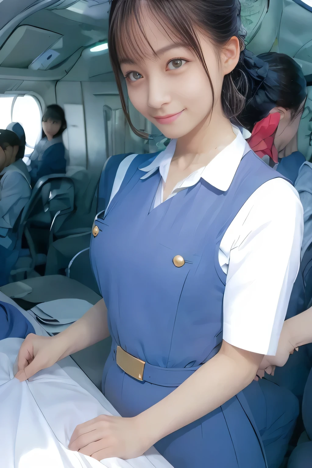 (masterpiece:1.2, Best Quality:1.2), 32K HDR, High resolution, (Alone、1 girl)、（On the roof of a building during the day、Professional Lighting）、Building rooftop background、（Real style wearing Japan air system cabincrew uniform blue）、（（Japan Air System cabincrew uniform blue jumper skirt with buttons on both breast pockets、White short sleeve blouse 、 Light blue vest around waist、Scarf around the neck））、Dark brown hair、（Long Hair、Hair tied up、Hair tied up）、Dark brown hair、Long Shot、Big Breasts、Thin legs、（（Great hands：2.0）），（（Harmonious body proportions：1.5）），（（Normal limbs：2.0）），（（Normal finger：2.0）），（（Delicate eyes：2.0）），（（Normal eyes：2.0））)、smile、（Japan air system cabincrew uniform blueを見せた美しい立ち姿）、Hands clasped underneath