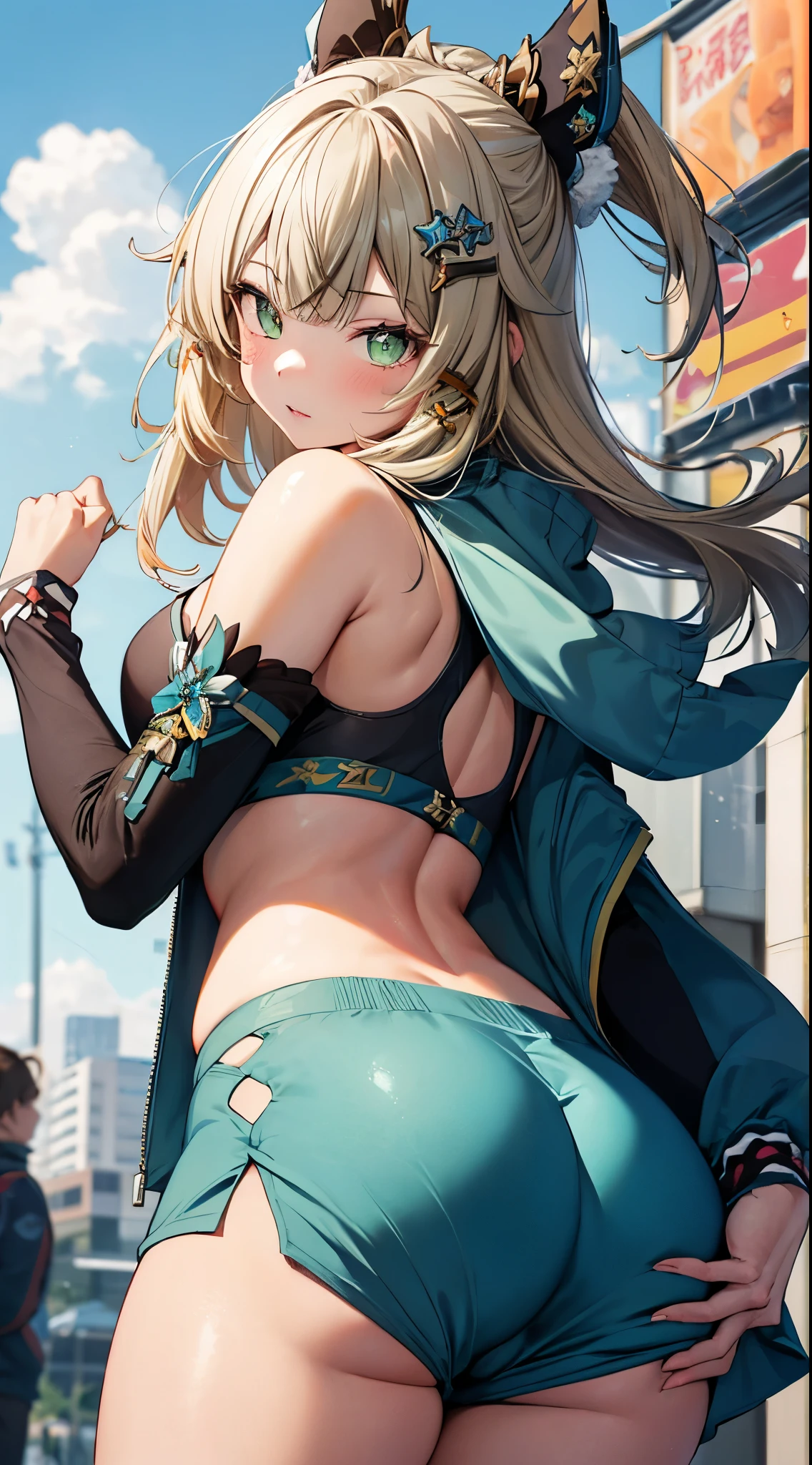 
kirara, genshin impact,1 girl, green eyes, blonde hair hair ornament, bare shoulders, (black crop top,green jacket), Sportswear shorts, standing, outdoors, masterpiece, Noise Reduction, perfect anatomy, high resolution, ultra-detailed, ultra-detailed face ,beautiful detailed eyes, perfect body, visual art, sparkling pupils, looking back at viewer, (((a well-shaped butt))), (((Protruding buttocks))), (((big ass)))