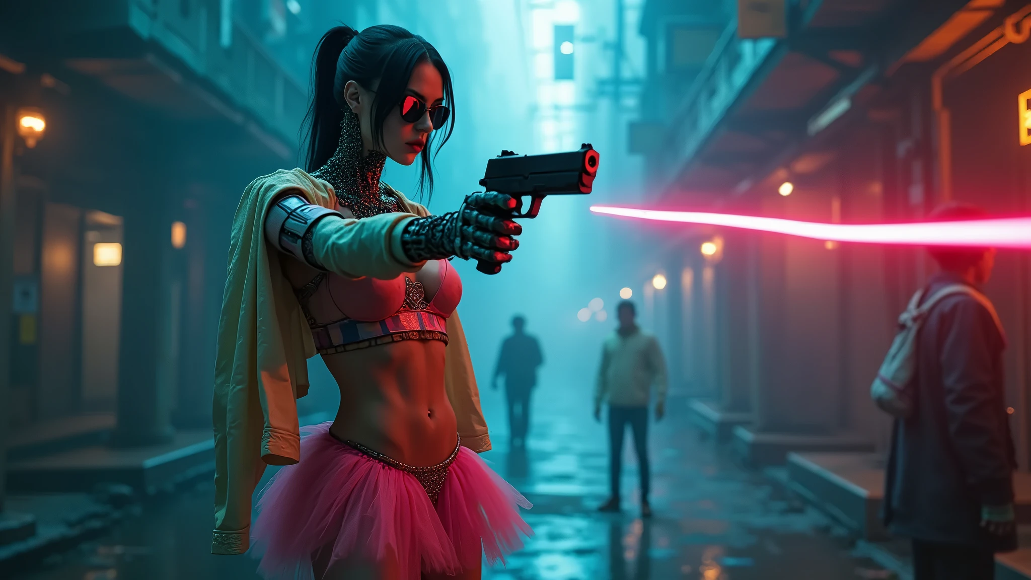 (((aerial view))), Blade Runner style futuristic railway platform, hi-tech train, neon lights, rainy night. (1girl, solo, alone), large-breast:1.2 slim body, cleavage:1.1, sexy wind blowing wet dress:1.4, headphone, (black sunglasses), (((she raised a pistol:1.8 and shot:1.8 the viewer))), dynamic pose, (((half-body thigh level medium shot))), cinematic lighting, lens flare, ray tracing, blurred:1.4 background.
