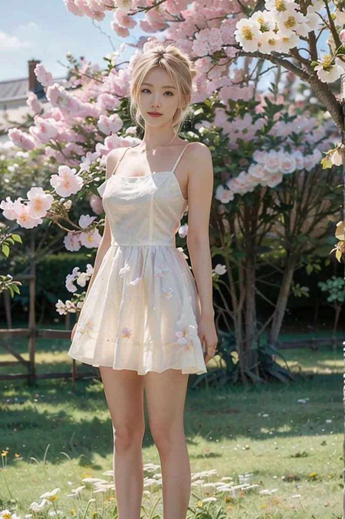 Full length of a white blonde woman with blonde messy bun. she is standing in a field of flowers. it is spring. everything blooms. in the background is a farm. The woman has a beautiful toned and tight body. she has a bright smile the picture is realistisch, detailed. Very high resolution. 8k-Rendering, Die Sonne scheint, Es ist Mittag. Die Szene ist perfekt scharfgestellt und ausgeleuchtet. realistisch, filmisch