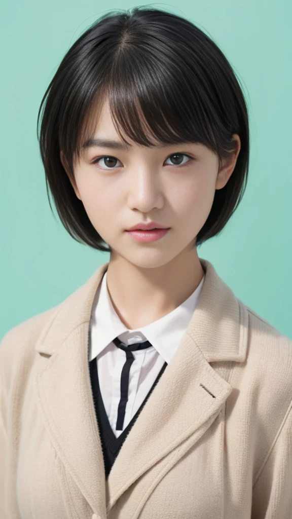 woman、high school student、Japanese high school blazer uniform、((((Black very short hair)))), スポーティなwoman、Large Breasts、Cool vibe、Tight eyes、Slanted Eyes、Intimidating、Looking into the camera、Perfect Style、High image quality、High resolution、High resolution, masterpiece, Anatomically correct, Ultra high definition, Textured skin, solo, The background is a school classroom、Angle from the front、