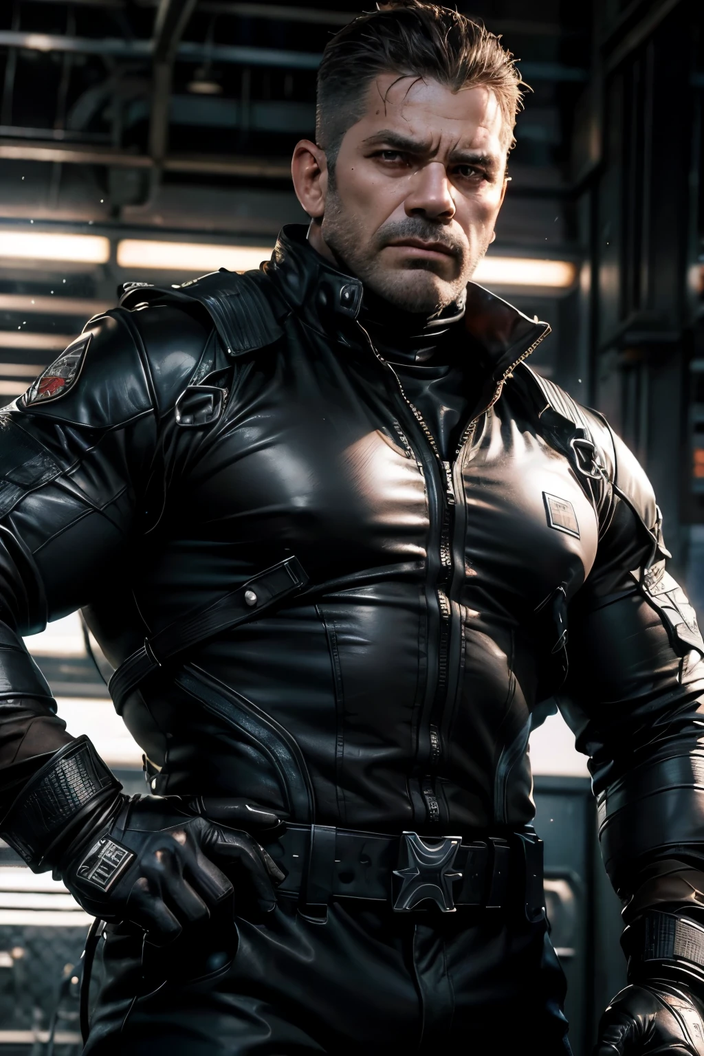 A hyper-detailed, photorealistic image of a strong man, 40Yo, with short, brown hair. His expression is serious and menacing, with a piercing gaze that conveys confidence and danger. He is wearing a black military uniform with technological metal gloves, emphasizing his modern and tactical look. The setting is a dimly lit urban environment, with shadows playing on his figure, highlighting his intense and focused demeanor and the shiny details of the weapons. The atmosphere is tense, with an air of suspense, as if a fight were about to break out.