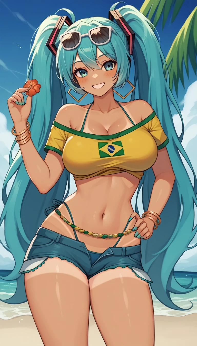 "A cheerful and vibrant Brazilian version of Hatsune Miku standing on the beach. She has long hair with two aqua colored pigtails., tanned skin with visible tan lines and wearing a tight yellow crop top with the Brazilian flag on it. She also has big breasts and thighs along with a big butt. She wears worn denim shorts and holds her breasts with her hands touching them gently.. Miku is smiling and wearing sunglasses on her head, with a tropical flower in her hair. The background features a sunny beach with a clear blue sky and palm trees.."
A cheerful Brazilian version of Hatsune Miku relaxes on the beach. Her long aqua hair is tied into two pigtails., Shining under the sun. Miku has tanned skin with visible tan lines., highlighting her curves, especially her big breasts which she shows without her uncensored bikini along with her thighs and butt.

She wears a yellow crop top with the Brazilian flag on it., which is raised she shows her uncensored breasts combined with a navy blue bikini. Worn denim shorts rest on her hips, complementing her beach look. Smile with a relaxed expression, while sunglasses rest on his head. On her ankle she wears an anklet with a green and white pattern., Matching a decorative belt in yellow. A tropical flower adorns her hair, and at least four gold bracelets shine on each of her arms.

The background is simple and sunny, perfect for a day at the beach, while Miku stands out as the center of attention, radiating Brazilian and summer energy.

