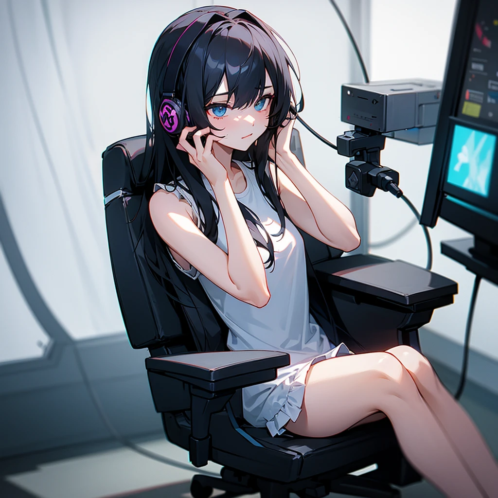 One Woman、beautiful girl、Sit on a chair、Dark Room、computer、Sit in a gaming chair、High-end headphones、Grip the game controller、computerに向き合う、beautiful girl, Highest quality, T-Shirts、下半身はStripes模様Pantiesのみ、Thick thighs、Big 、Big Ass、Black Hair、long hair、Bangs、Sweaty body、I'm sweating all over、Lewd sound effects、Excited、Stripes々Panties、beautiful girlゲーム、Play hentai games