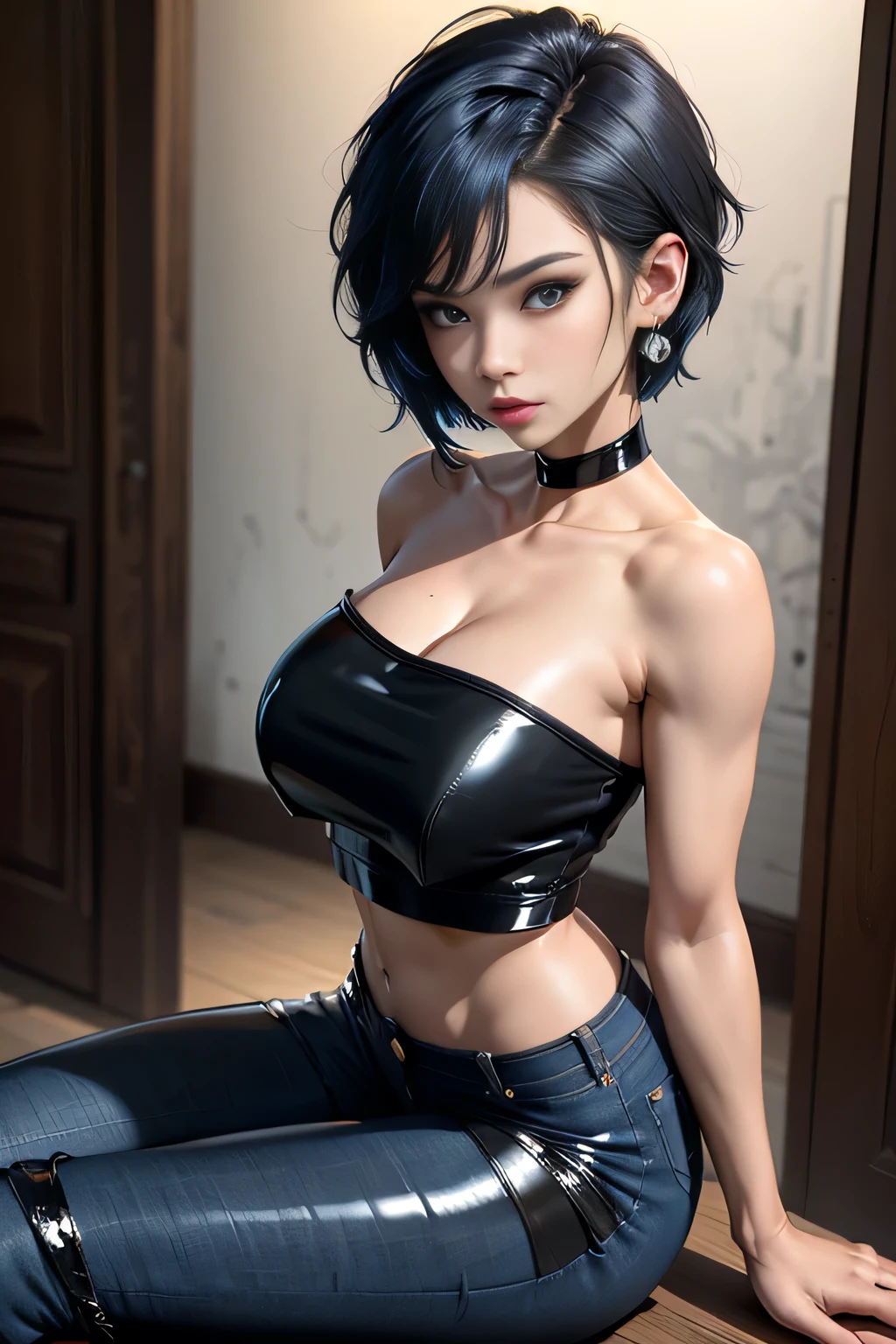 sfw, 8k, highres, ultra detailed, (masterpiece:1.4), best quality, symmetrical body, (black latex strapless crop top:1.4), (jeans shorts:1.4), choker, cute, solo, earrings, short hair, blue hair, blue eyes, glow effect, finely eye, detailed face, looking at viewer, seductive face, in the park, sitting on bench, angled view, big breasts, seductive look, perfect fingers, voluptous, wearing bra,((skinny waist)), young asian girl, ((big breasted)),