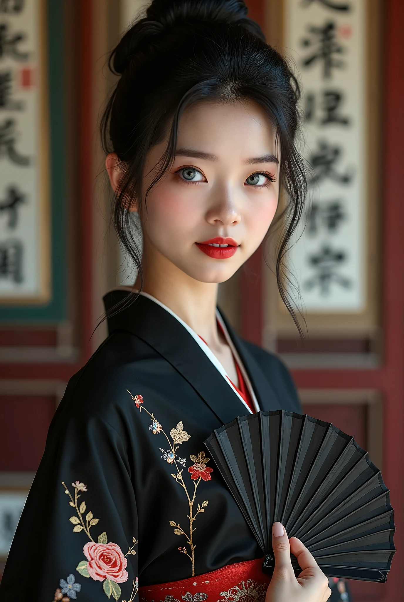 1girl, with a black kimono adorned with flowers. Her hair is pulled back in a bun cascading down her shoulders framing her face. She is adorned with a bold red lip adding a pop of color to her outfit. Her eyes are a piercing blue her eyebrows are a darker shade of brown and her lips are a lighter shade of red. She's holding a black hand fan with a floral pattern on it adding depth to the scene. The background is blurred The background is a wall with Chinese characters written on it creating a stark contrast to the woman's outfit.sexy, kawaiiz, 