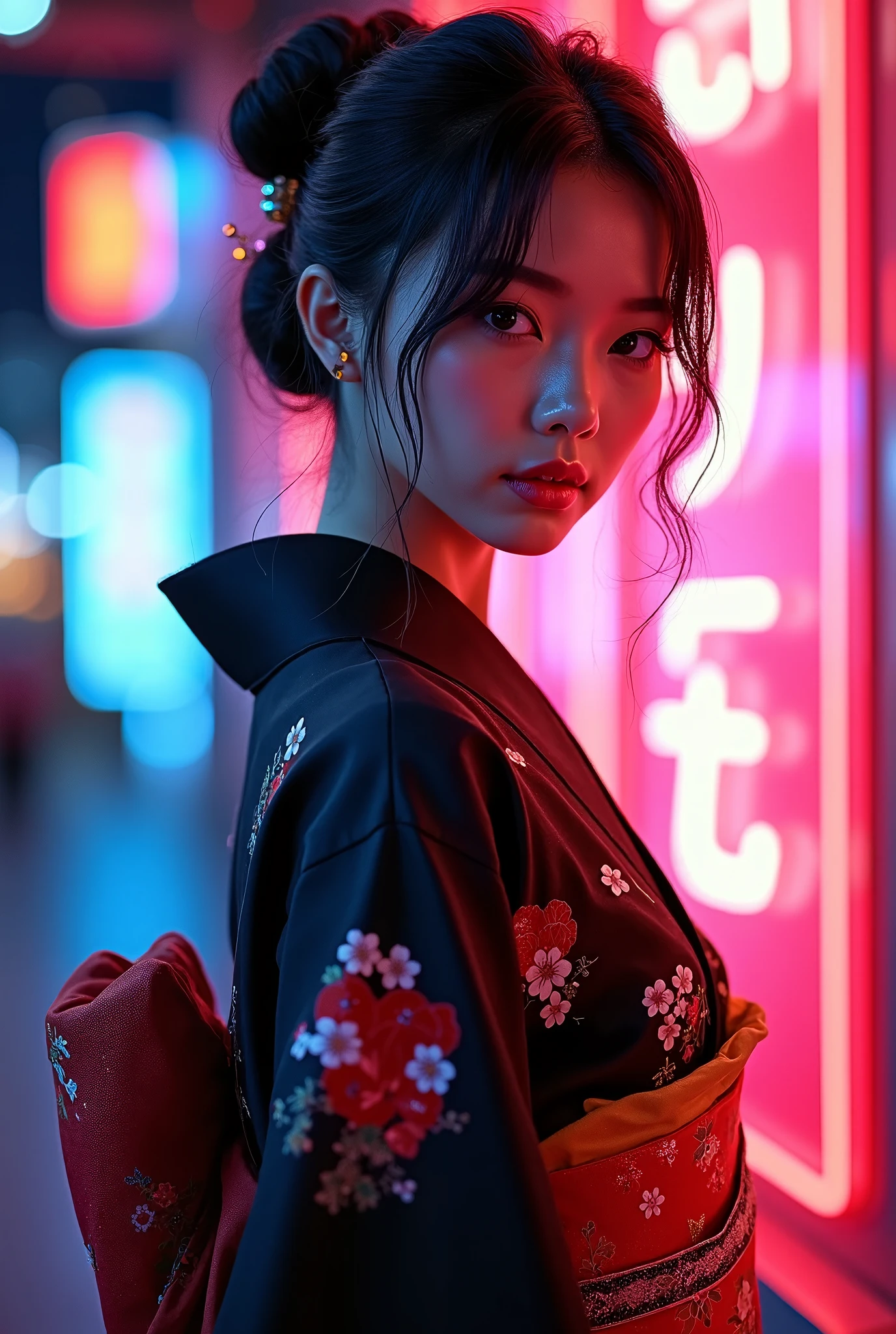 1girl,with a black kimono adorned with flowers.Trendy K Style, neon lighting, highly detailed, ultra-high resolutions, 32K UHD, best quality, masterpiece, kawaiiz, 