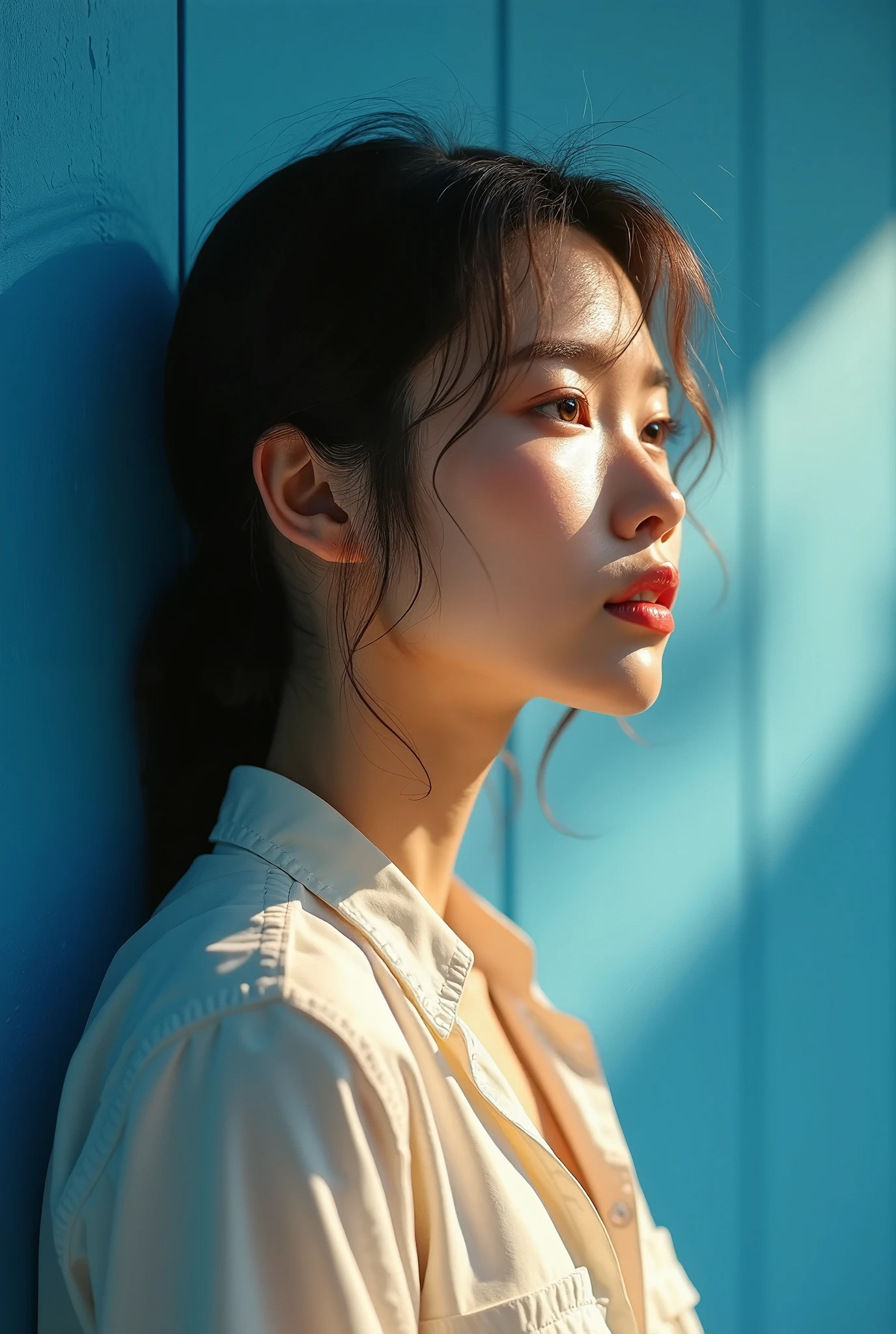 1woman, sun shining on her face, profile, blue wall,shirt, kawaiiz, 