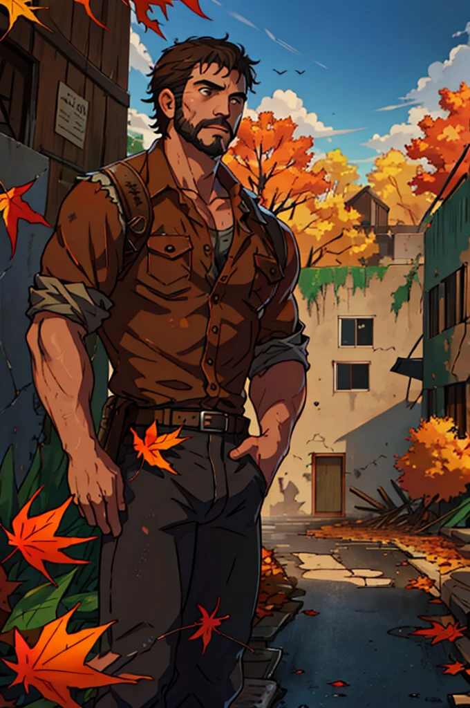 Handsome man,best quality, masterpiece, ultra-high resolution,detailed background,Hadesstyle,Alone,Joel \(The Last of Us\),Male,reif,only,reif Male,facial hair,dusk,Cowboy shot,cloudy sky,autumn,autumn leaves,short hair,BROKEN CITY,Destroyed road,ruins,Attachment,ernst,observers observe,depth of field,, 