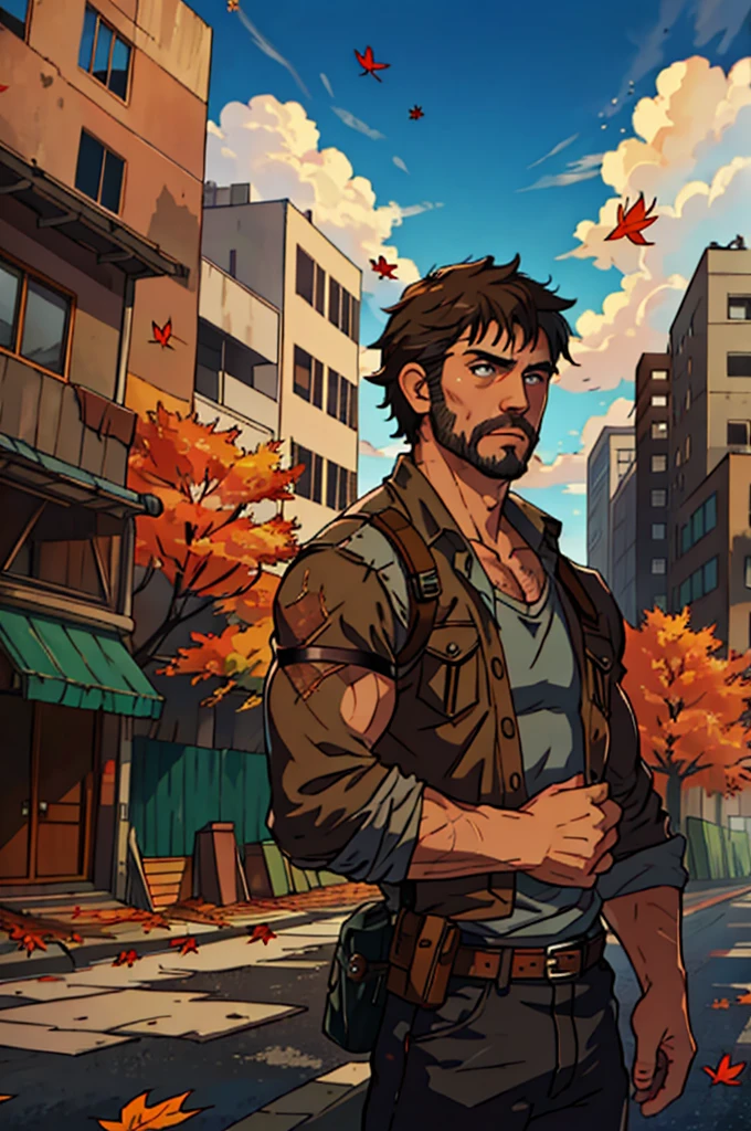 Handsome man,best quality, masterpiece, ultra-high resolution,detailed background,Hadesstyle,Alone,Joel \(The Last of Us\),Male,reif,only,reif Male,facial hair,dusk,Cowboy shot,cloudy sky,autumn,autumn leaves,short hair,BROKEN CITY,Destroyed road,ruins,Attachment,ernst,observers observe,depth of field,, 