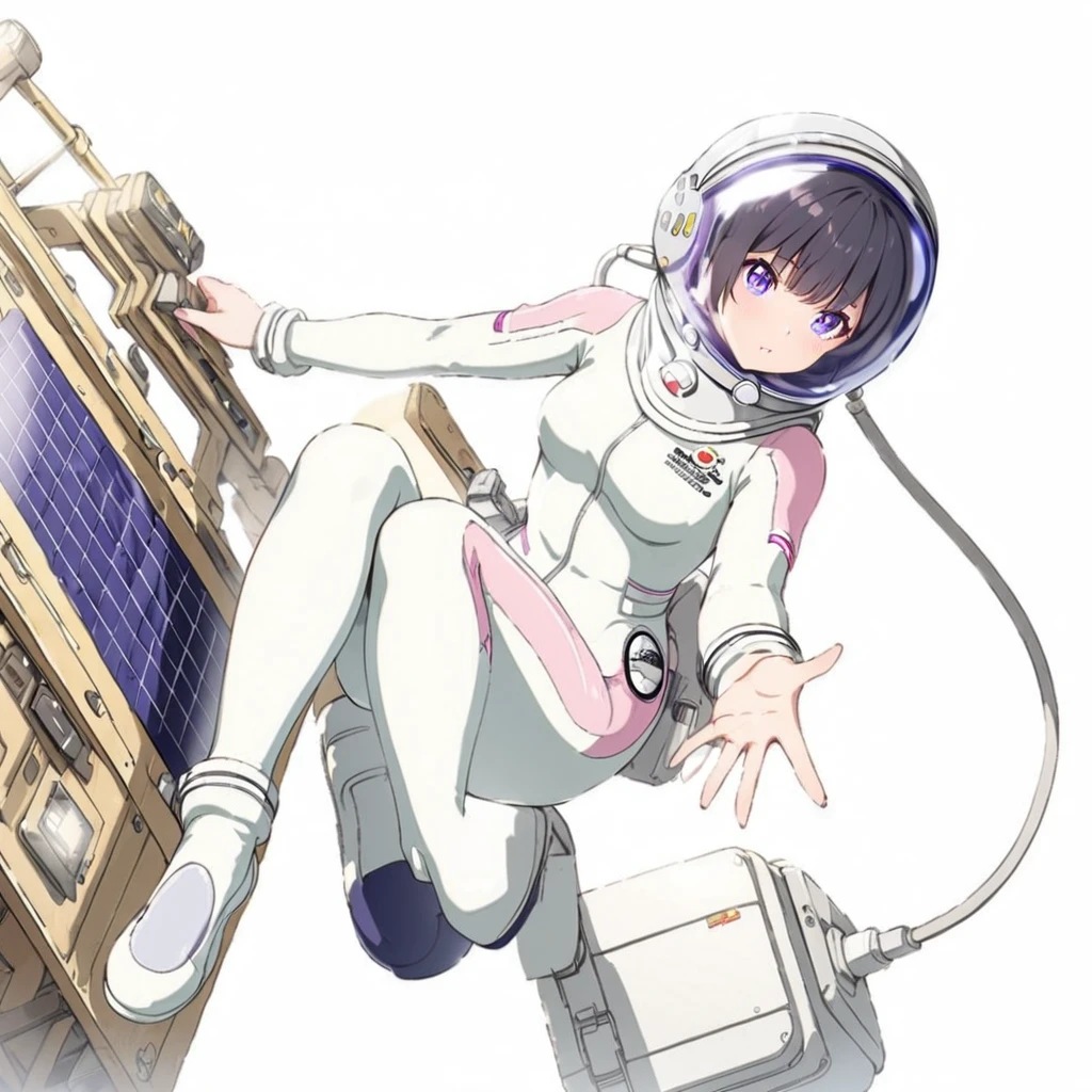 white back ground:10,simple background ,BREAK masterpiece, (best quality), (highly detailed:1.3), 1girl,solo,fullbody,floating:2,(Space Suit:1.15),short hair, Space Helmet ,Black Hair ,