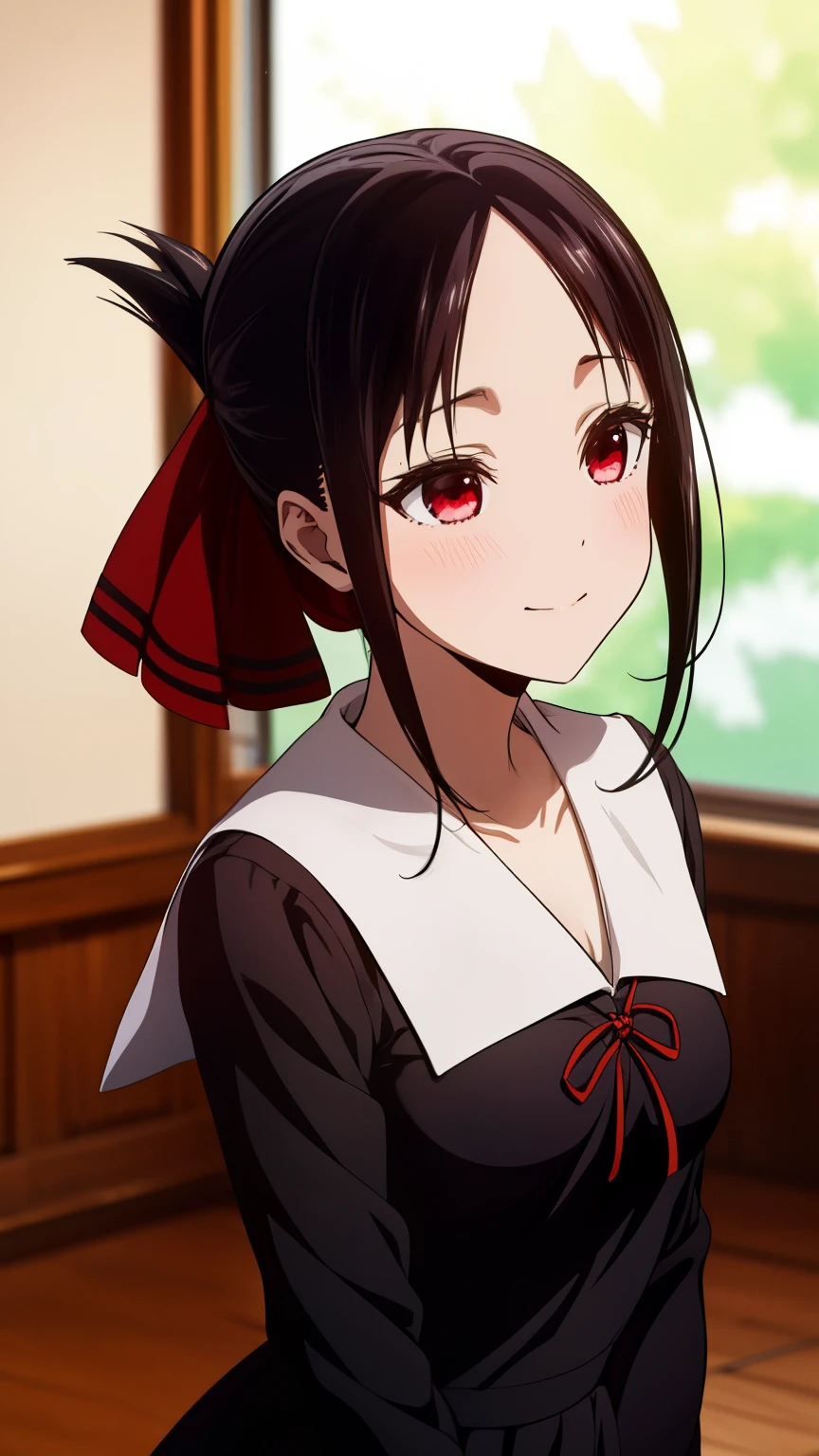 ((Master Quality、8k、masterpiece:1.3、超detailed、High resolution、RAWphotograph、detailed、Blur、Now、((anime、anime塗り))、photograph、HDR)),Kaguya Shinomiya,(1girl, Alone, Shinomiya Kaguya), red eyes, black hair, hair ribbon, red ribbon, (black school uniform), short dress, long sleeves, small breasts, smile,School、Student Council Room、Random Pause、Random Angle、whole body