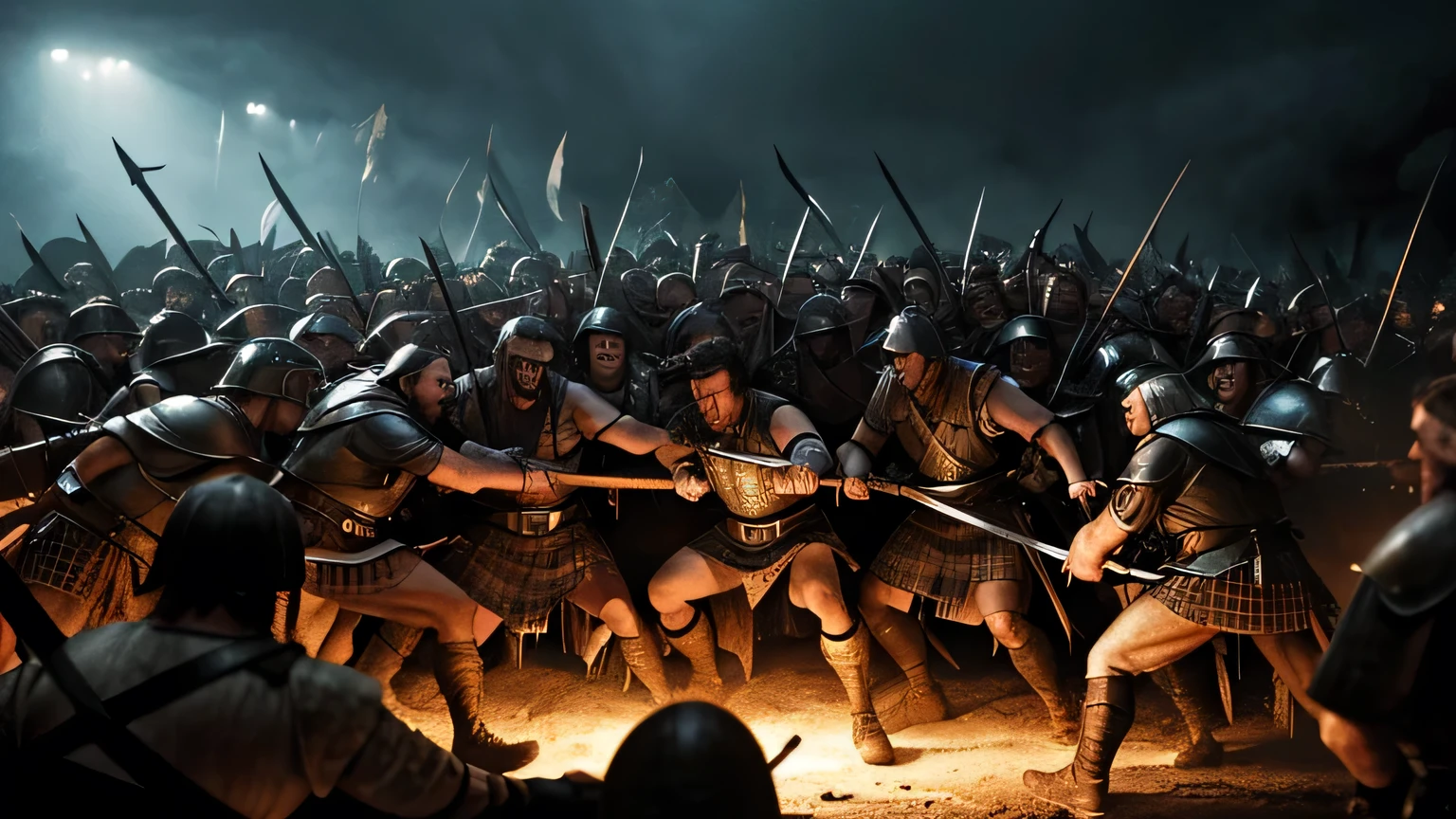 A chaotic battle scene inspired by Braveheart, with Scottish warriors clashing against British soldiers. an intense horror atmosphere reminiscent of 80s cinema."...extremely detailed portrait, photorealistic, hyper detailed, hyper realistic, 8K, high resolution, cinematic lighting, dramatic pose, dynamic composition, vivid colors, sharp focus, studio lighting, masterpiece, digital art
