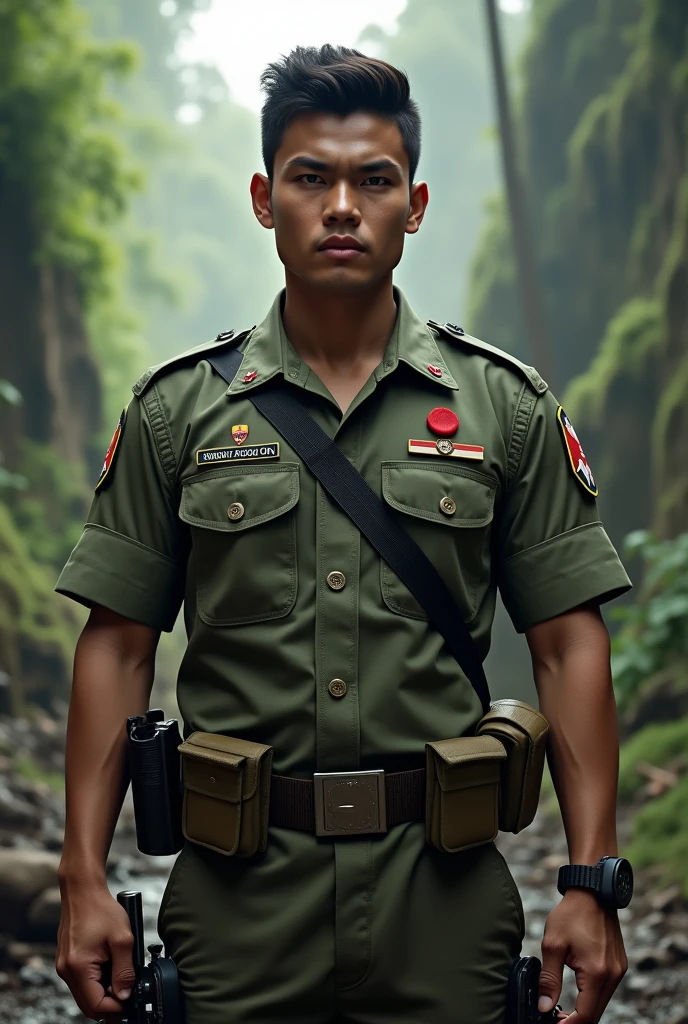 (a high quality, detailed) A forest ranger, wearing a green uniform, military boots, pants, and a brown Canadian-style hat, (in a park in Sao Paulo), (vivid colors, realistic lighting), (lush greenery), (peaceful atmosphere), (birds chirping in the background), (majestic trees towering above), (sunlight streaming through the foliage), (crisp and fresh air), (trails leading deep into the forest), (an abundance of wildlife), (harmonious coexistence of humans and nature), (tranquil and serene surroundings), (a sense of conservation and protection), (detailed textures on the ranger's uniform), (authentic insignia on the hat), (vibrant hues of green and brown), (subtle shadows and highlights), (rays of sunshine illuminating the scene), (subtle hints of wildlife peeking through the dense vegetation), (the ranger's attentive gaze), (the ranger's calm and confident demeanor), (a hidden waterfall in the distance), (sounds of flowing water echoing through the forest), (a peaceful oasis in the bustling city), (a celebration of nature's beauty in an urban landscape).