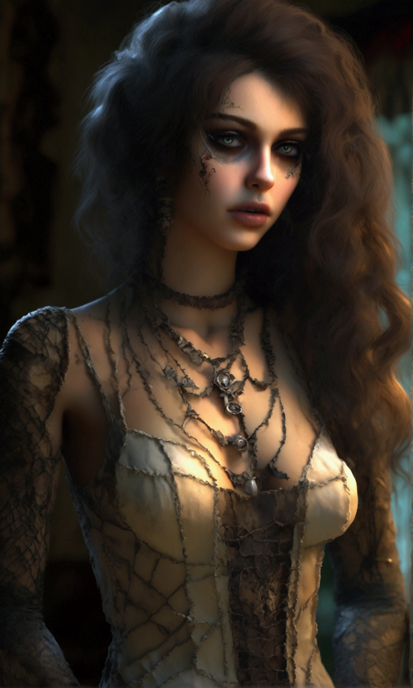 (full body shown) a sad, horror-themed patchwork woman, a lady Frankenstein with several large stitchings, mismatched eye colors, messy hair, virtually nude, wearing a sheer nightgown with no underwear, examining herself in a mirror, (best quality,4k,8k,highres,masterpiece:1.2),ultra-detailed,(realistic,photorealistic,photo-realistic:1.37),1girl,beautiful detailed eyes,beautiful detailed lips,extremely detailed eyes and face,longeyelashes,dark,grim,eerie,gothic,moody lighting,dramatic lighting,dramatic shadows
