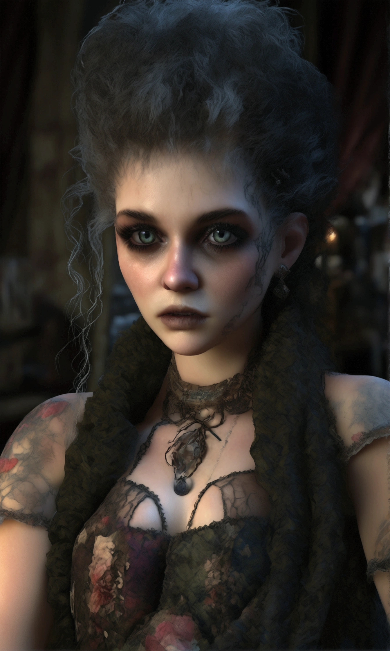 (full body shown) a sad, horror-themed patchwork woman, a lady Frankenstein with several large stitchings, mismatched eye colors, messy hair, virtually nude, wearing a sheer nightgown with no underwear, examining herself in a mirror, (best quality,4k,8k,highres,masterpiece:1.2),ultra-detailed,(realistic,photorealistic,photo-realistic:1.37),1girl,beautiful detailed eyes,beautiful detailed lips,extremely detailed eyes and face,longeyelashes,dark,grim,eerie,gothic,moody lighting,dramatic lighting,dramatic shadows
