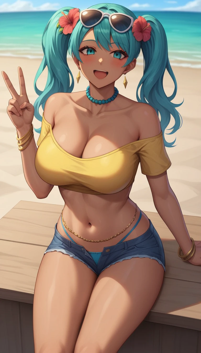 (anime art style), 2d, masterpiece, best quality, very aesthetic, absurdres, dynamic shadows, atmosferic, brazilian_miku, 1girl, solo, aqua hair, (twintails), bangs, aqua eyes, big breasts, (curvy body), makeup, blush, collarbone, cleavage, blue garters, blue panties, yellow crop top, denim shorts, micro shorts, off shoulder, short sleeves, sunglasses on head, flower on hair, bead choker, belly chain, gold earrings, gold bracelet, (dark skin), smile, opened mouth, cowboy shot, from front, (v), sitting, wariza, opened legs, (looking at viewer), beach, sea, clouds