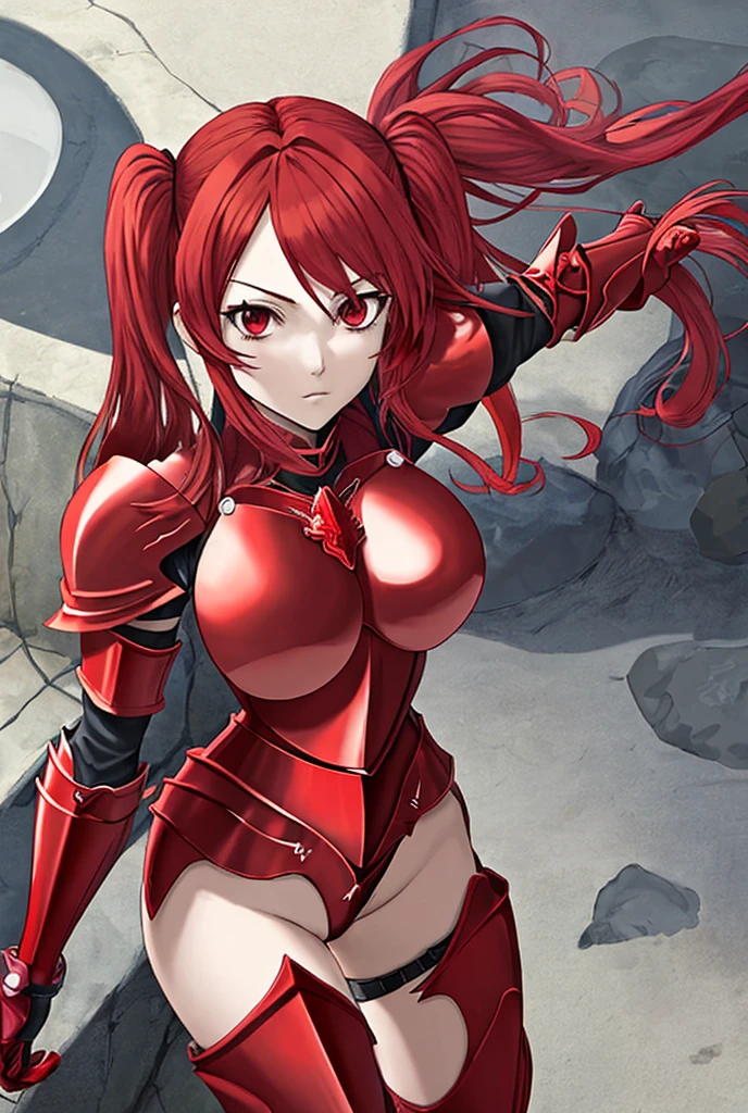 Garota anime ruiva com armadura metalica vermelha, 16 anos, corpo bonito, seios grandes, postura de luta, postura de combate, garota sexy, red hair with braid, beautiful lighting, sombras suaves, olhos azuis, pernas bonitas, hair with braid, estilo anime, Ranma Chan, Autora Rumiko Takahashi, Baseado em obra de Rumiko Takahashi, Anime Ranma 1/ 2, decote sexy, quadril robusto, corpo inteiro, corpo completo, busto grande, garota jovem com corpo belo e bonito, garota 16 anos jovem baixa estatura, vestido armadura metalica vermelha, garota anime, estilo anime, red hair with braid, luz bonita, armadura metalica reluzente