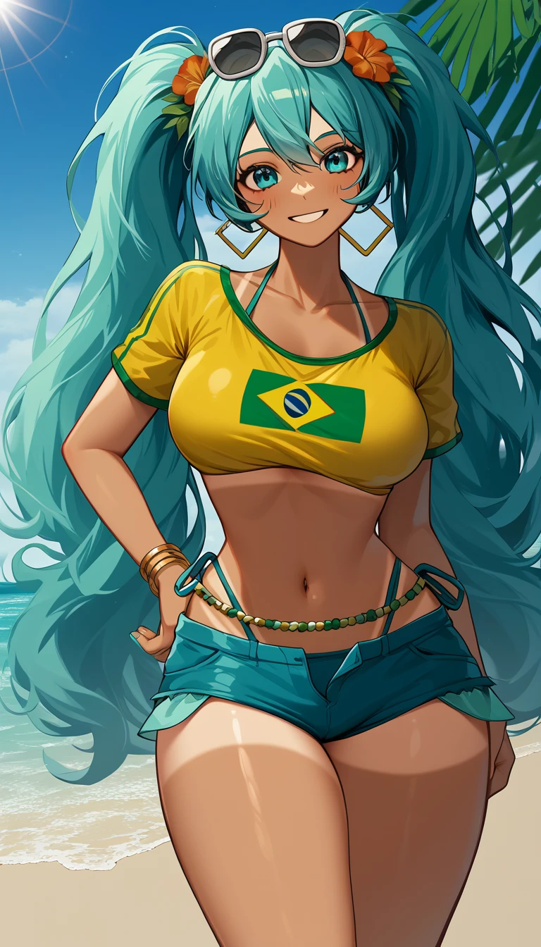 "A cheerful and vibrant Brazilian version of Hatsune Miku standing on the beach. She has long hair with two aqua colored pigtails., tanned skin with visible tan lines and wearing a tight yellow crop top with the Brazilian flag on it. She also has big breasts and thighs along with a big butt. She wears worn denim shorts and holds her breasts with her hands touching them gently.. Miku is smiling and wearing sunglasses on her head, with a tropical flower in her hair. The background features a sunny beach with a clear blue sky and palm trees.."
A cheerful Brazilian version of Hatsune Miku relaxes on the beach. Her long aqua hair is tied into two pigtails., Shining under the sun. Miku has tanned skin with visible tan lines., highlighting her curves, especially her big breasts which she shows without her uncensored bikini along with her thighs and butt.

She wears a yellow crop top with the Brazilian flag on it., which is raised she shows her uncensored breasts combined with a navy blue bikini. Worn denim shorts rest on her hips, complementing her beach look. Smile with a relaxed expression, while sunglasses rest on his head. On her ankle she wears an anklet with a green and white pattern., Matching a decorative belt in yellow. A tropical flower adorns her hair, and at least four gold bracelets shine on each of her arms.

The background is simple and sunny, perfect for a day at the beach, while Miku stands out as the center of attention, radiating Brazilian and summer energy.

