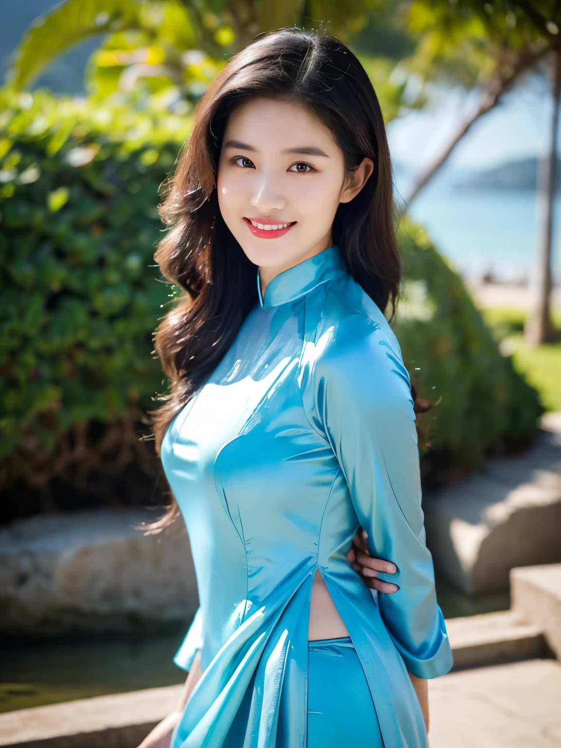 detailed body, attractive body, perfect human body, realistic face,
(ultimate quality, masterpiece, highres:1.0), realistic:1.6, photorealistic,
[8k UHD photos, UHD high quality photos, Super detailed and super clear images],
Close-up of a Vietnamese girl with a beautiful face and balanced body, leggy, round face, big round eyes, Charming smile, Red lips, long curly eyelashes, big dimples, pointed chin, plump face, Her face resembles Liu Yifei, Tall and plump figure,
wearing a bright and blue shiny satin ao dai, standing beside the beach, pose ,
Satin ao dai,