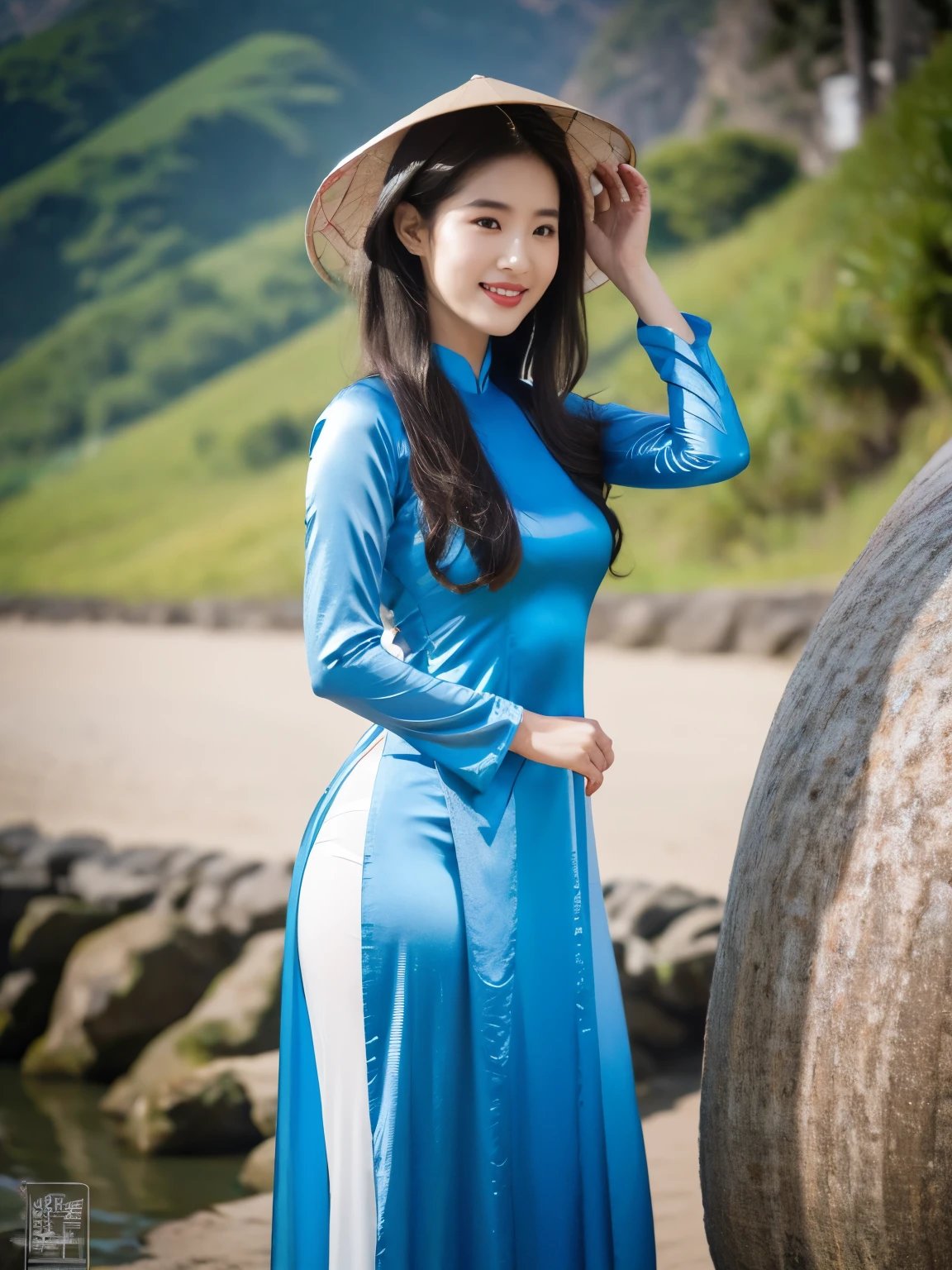 detailed body, attractive body, perfect human body, realistic face,
(ultimate quality, masterpiece, highres:1.0), realistic:1.6, photorealistic,
[8k UHD photos, UHD high quality photos, Super detailed and super clear images],
Close-up of a Vietnamese girl with a beautiful face and balanced body, leggy, round face, big round eyes, Charming smile, Red lips, long curly eyelashes, big dimples, pointed chin, plump face, Her face resembles Liu Yifei, Tall and plump figure,
wearing a bright and blue shiny satin ao dai, standing beside the beach, pose sexy,
Satin ao dai,