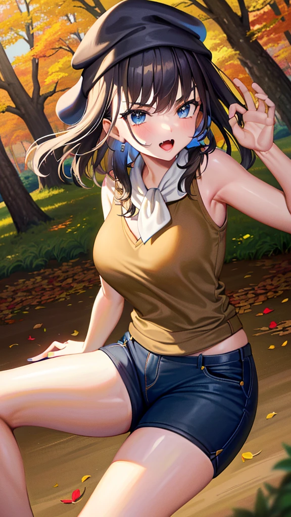 (Bouncing and swinging chest),(The upper half of the body is a brown sweater, the lower half is blue shortchinos, a brown knit cap on the head, and a white scarf around the neck).Location: A park with autumn leaves falling. In the background, you can see red leaves on trees.3K Resolution: 1, (1 woman),Show off a variety of positions,Shoot from various angles,(1 right arm Depict),(1 left arm Depict),(1 right leg Depict),(1 left leg Depict),((Depictingthe five neatly shaped fingertips)),