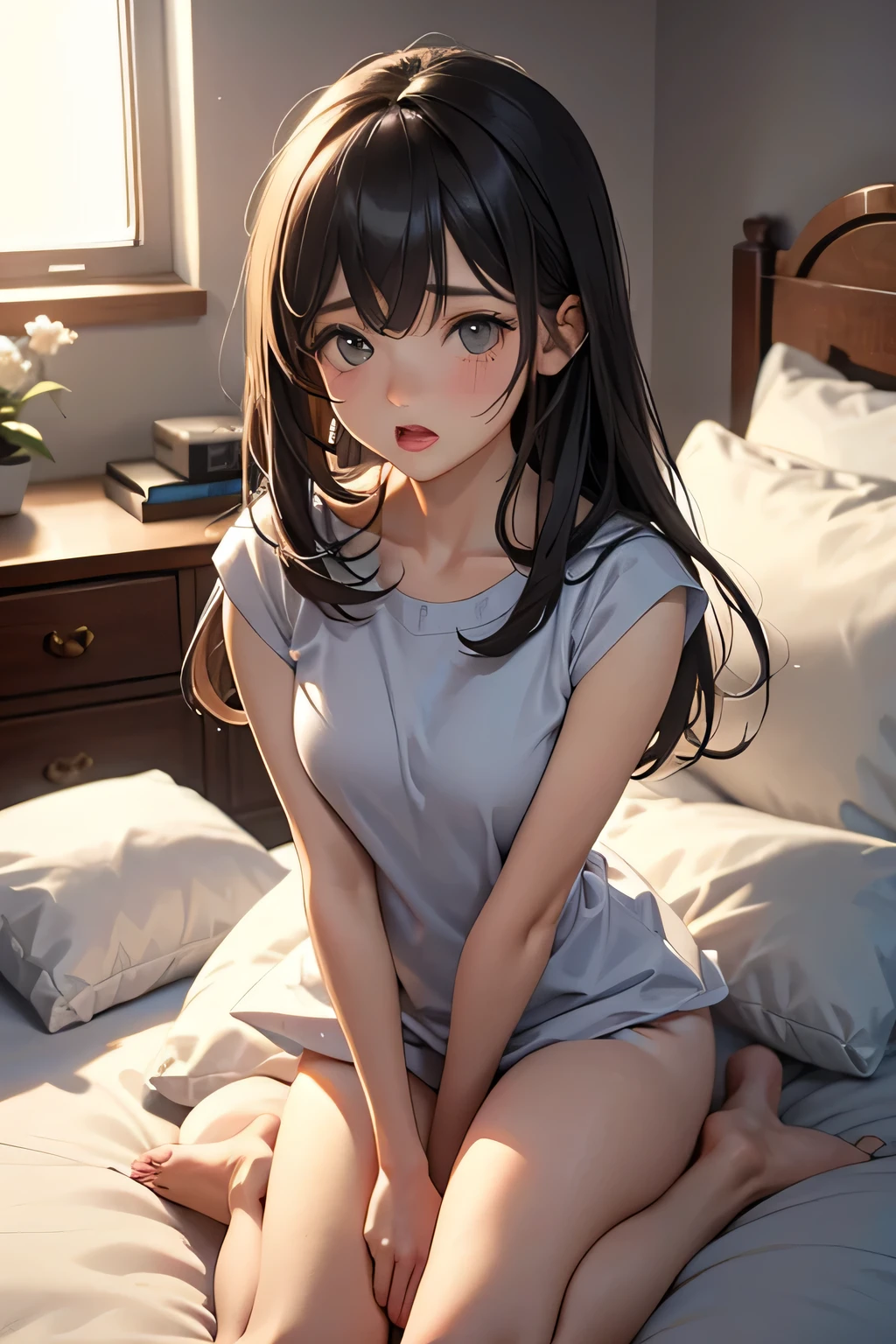 (Browsing Caution:1.2)、Beautiful girl sucks a condom、Flat Chest、Young body、Flat stomach、Embarrassing、A dreamy look、Excessive sweating all over the body、See-through pajamas、(sitting on a pillow,Straddling the pillow:1.4),(Pillow rubbing:1.7),(rubbing the crotch:1.6),Female orgasm,Pussy juice,(Out of breath,Heavy breathing,blush:1.6),(impatience:1.2),(Panicked)、(Look away from the camera、Looking down:1.5)、(Bedroom,On the bed:1.4)、Dim Light、Wide viewing angles、Condoms scattered on the bed、(Underview)、Female acts