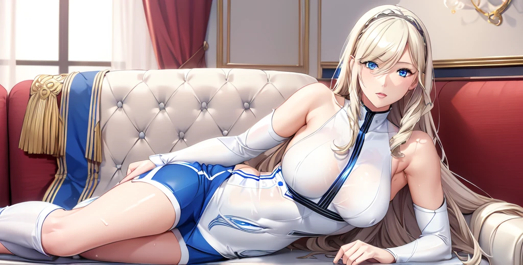 Celia\(Valkyrie\),,One Girl, mature female, Alone,blue eyes,Best Quality, masterpiece, Illustration,(background,sofa),Anatomically correct, (Fits your body,White sportswear,Sleeveless),Alone, Take a look,Wet with sweat,Cowboy Shot, whole body,masterpiece, 8k,Sitting