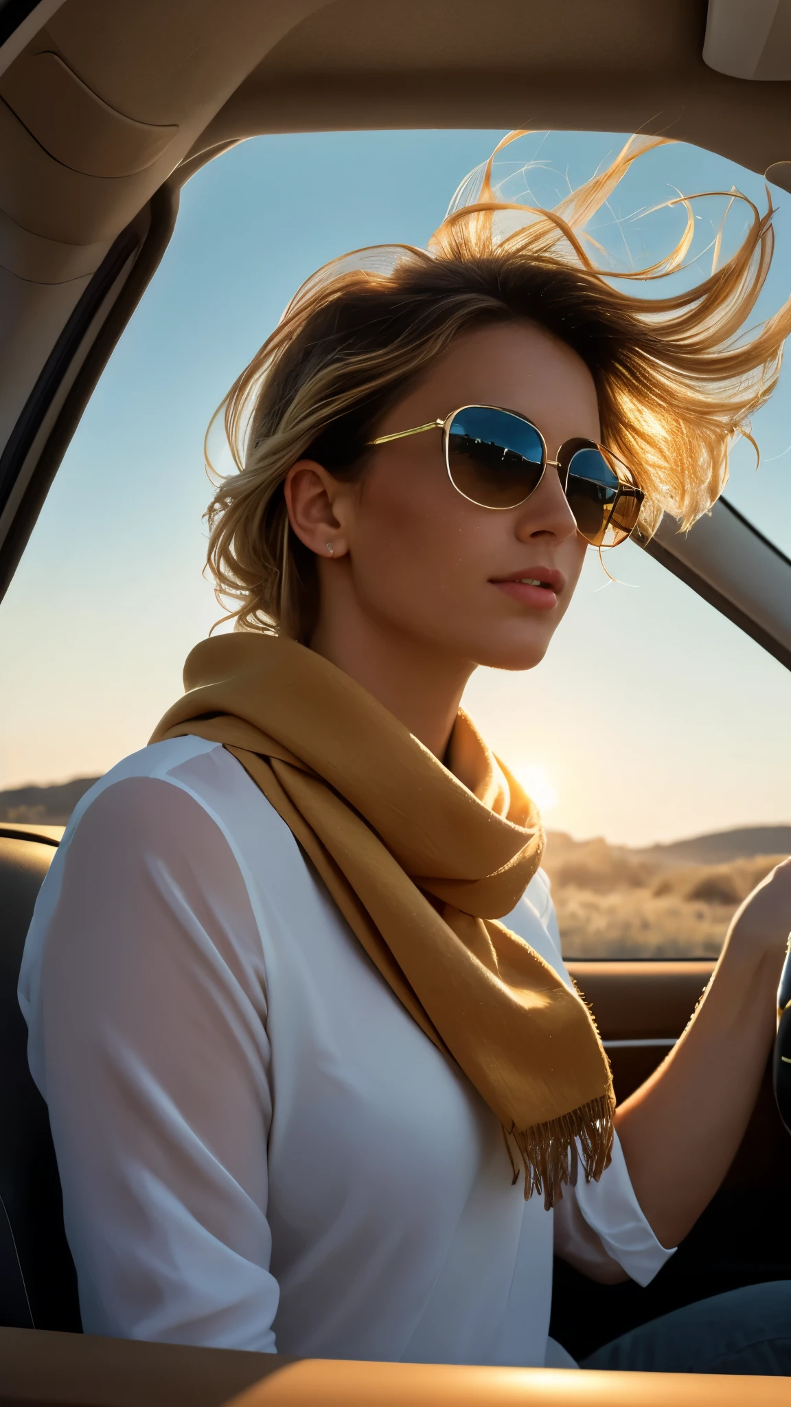 a beautiful woman in a convertible car, wearing sunglasses and a light scarf, her hair blowing in the wind, driving on a bright and sunny road, realistic, photorealistic, ultra-detailed, 8k, highres, masterpiece, vibrant colors, studio lighting, dynamic composition, cinematic lighting, cinematic mood, dramatic lighting, depth of field, golden hour, volumetric lighting, fog, atmospheric perspective, intricate details, seamless, flawless, impeccable, exquisite