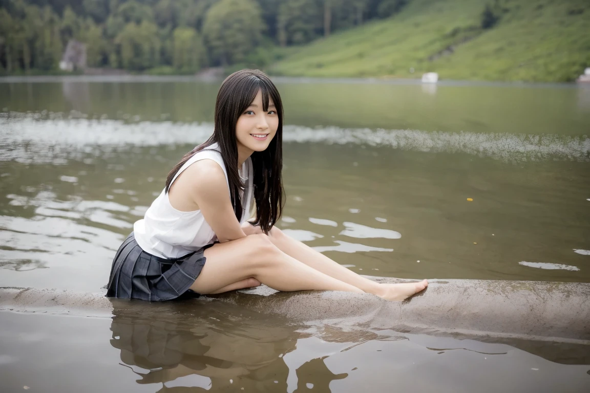 ((one Japanese schoolgirl)):1.8,((young body not fully matured)):2.7,sixteen years old,High school girl just after being raped,((on a stage built in a lake just below the surface)):2.8,((not wearing underwear)):2.9,((thighs spread wide in an indecent pose)):2.8,(((spread thighs wide in an indecent pose)):2.5, soaking wet from rain):2.5,open_stance,((big breasts)):1.2,cleavage,(full body shot):1.9,(Beautiful Woman with Perfect Style):1.3,(Beautiful Legs):1.3,(One Person, Slender):1.2,(Very Long Flowing Wet Black Hair):1.6,(Smiling slightly):1.4,(Very Fine Face and Skin Texture):1.2,(very fine),(long black hair):1.7,(wet hair):2.5,(light on face):1.4,(full body):1.8,(between_legs:1.5),bare feet,(toe-point:1.2),background beautiful lake,(best quality),8K,RAW,photo,highest_quality,masterpiece,realistic,photorealism:1.37,erotic,sexy High Resolution,Physically Based Rendering,Cinematographic Lighting,Raw,Real Photo,(Sharp Focus):1.2,(Full Length Image):1.9,(Full Length View):1.9,