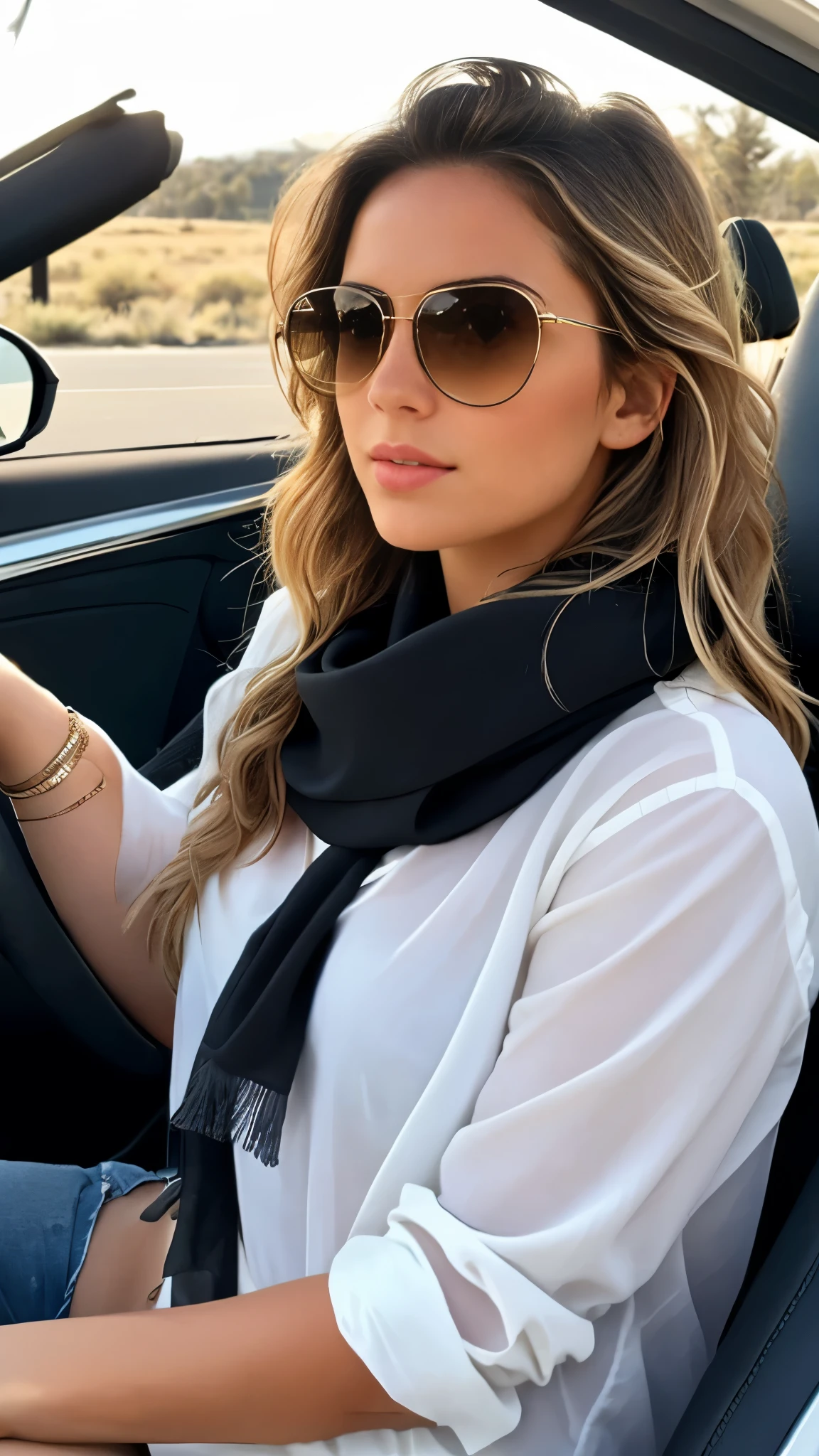 A young, beautiful, sexy girl sitting in the driver's seat of a convertible, wearing sunglasses and a thin scarf, her hair flying in the wind, with a bright and sunny road ahead