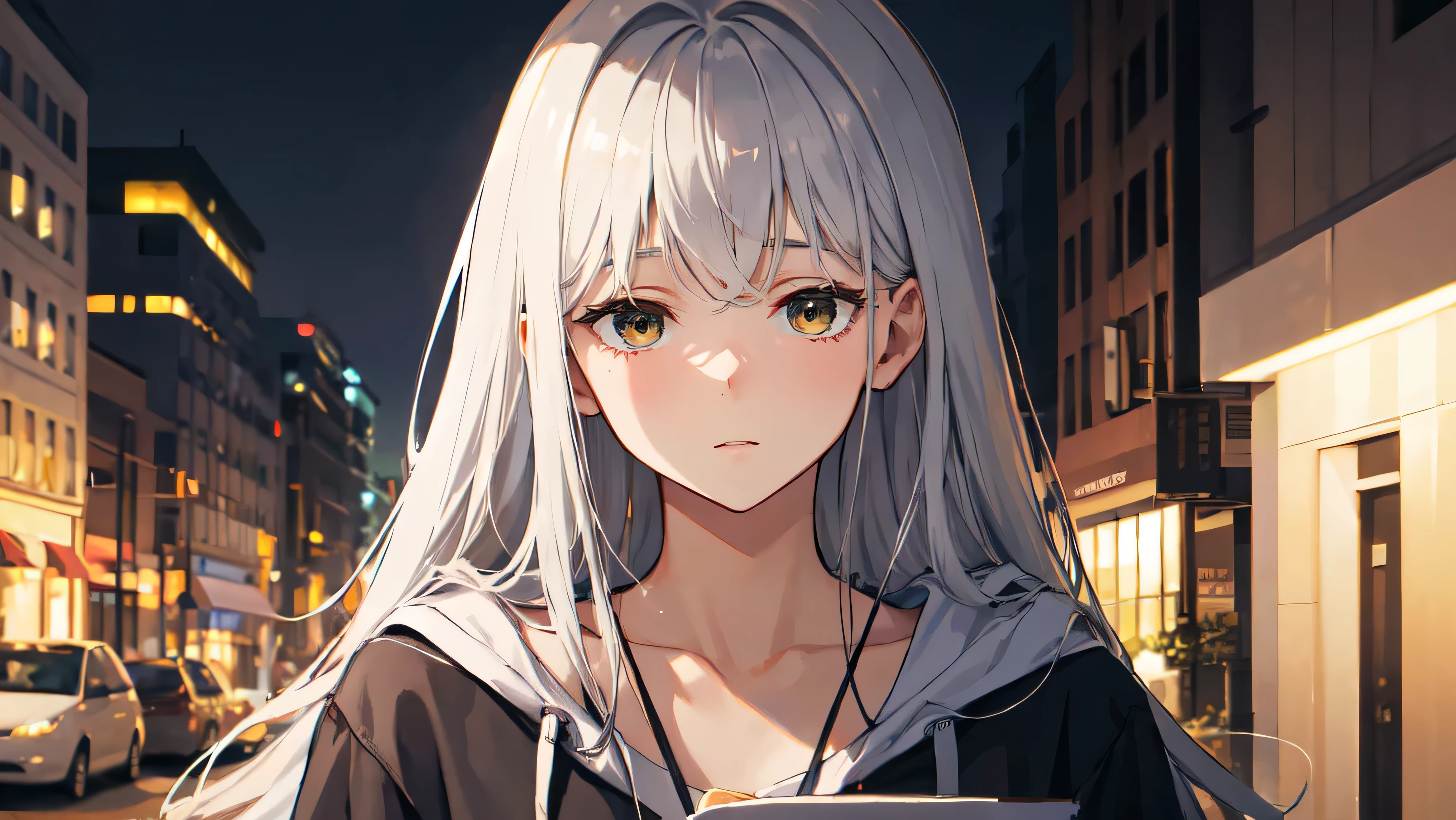 A hyper-realistic, high-resolution image of a 20-year-old girl standing alone in an empty urban street at dusk. She has a somber expression, completely absorbed in her activity as she writes or sketches in a notebook, with her gaze directed downwards at the page. Her casual clothes subtly contrast with her surroundings, emphasizing her feeling of detachment from the world around her. The focus is on her hands as she holds the notebook and a pencil, ensuring they are well-defined and proportionate. Her facial features should be sharply defined, but her eyes are focused on the notebook, avoiding any eye contact with the viewer. The lighting is soft yet clear, enhancing the details of her face and the surroundings while highlighting her sense of isolation. The overall image should convey a candid moment of creativity and solitude.