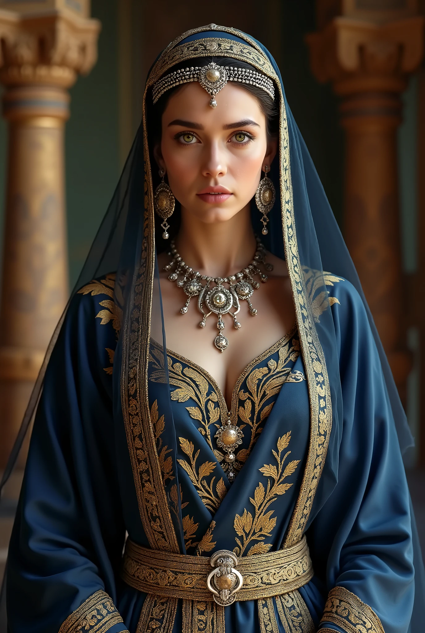Arafed woman in a blue dress and gold jewelry - SeaArt AI