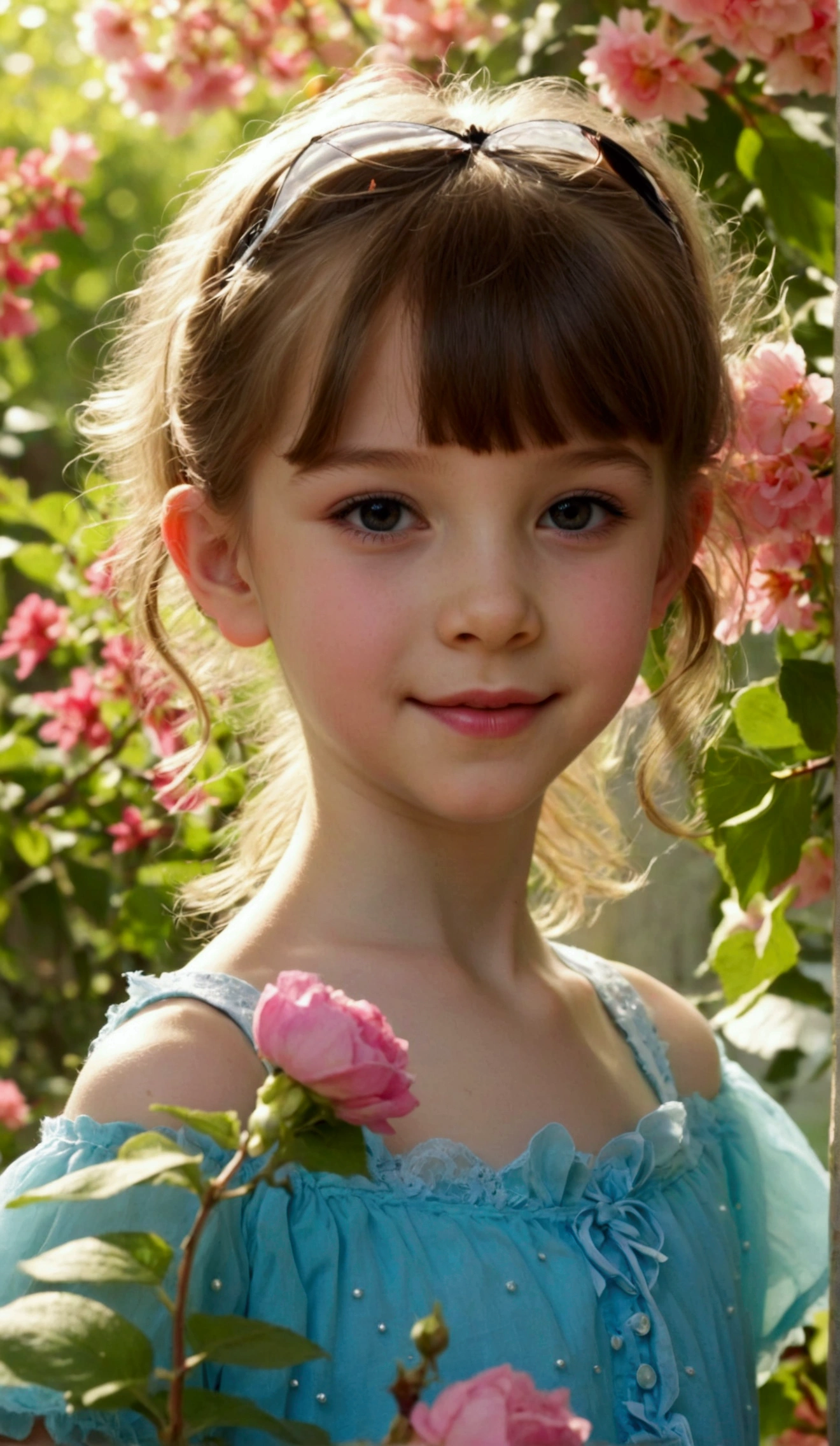 Prettiest ((pre-teen)) girl, cutest ((preteens)) girl, beauty ((preteen)) girl on the garden, age 10, pale skin, juveniles ((pre teen)) physique, charming ((preteen)) adolescents, wear clothes that show off her cuteness, full shot