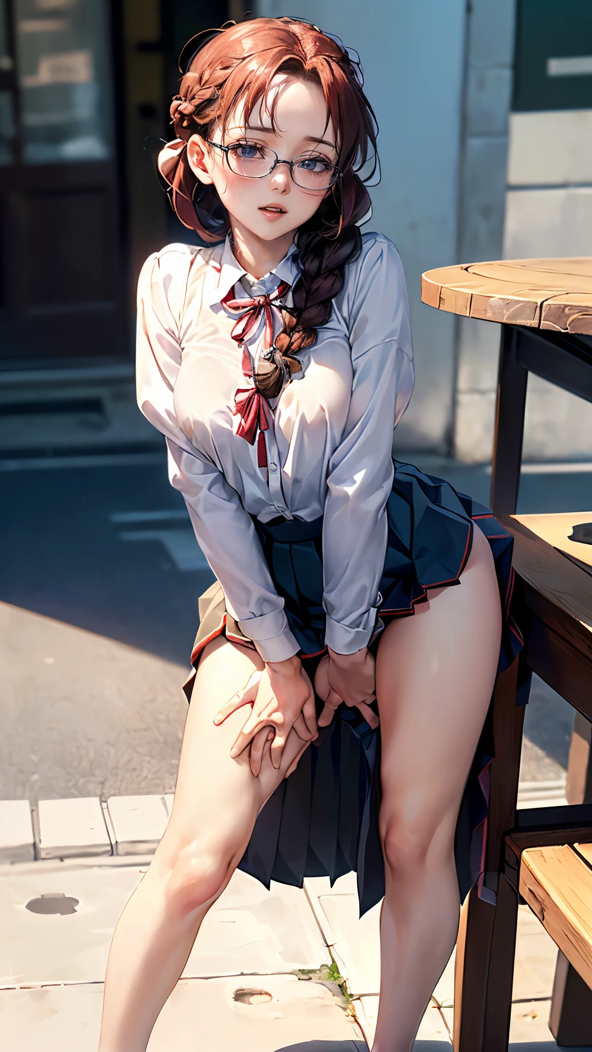 (depicting a single moment from a anime for adults), ((braid, glasses, pleated skirt, ribbon, round face, eyes with realistic sizing, drooping eyes, blush, shame smile, thin lips, spread legs)), (((standing and straddling to hit her crotch against the corner of the table for self pleasure))), open mouth, (outside, on the sidewalk, terrace table),