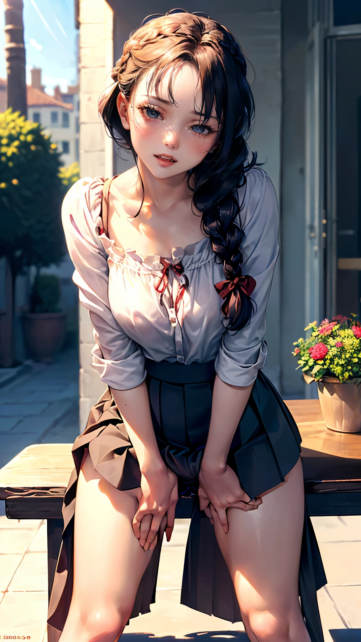 (depicting a single moment from a anime for adults), ((braid, glasses, pleated skirt, ribbon, round face, eyes with realistic sizing, drooping eyes, blush, shame smile, thin lips, spread legs)), (((standing and straddling to hit her crotch against the corner of the table for self pleasure))), open mouth, (outside, on the sidewalk, terrace table),