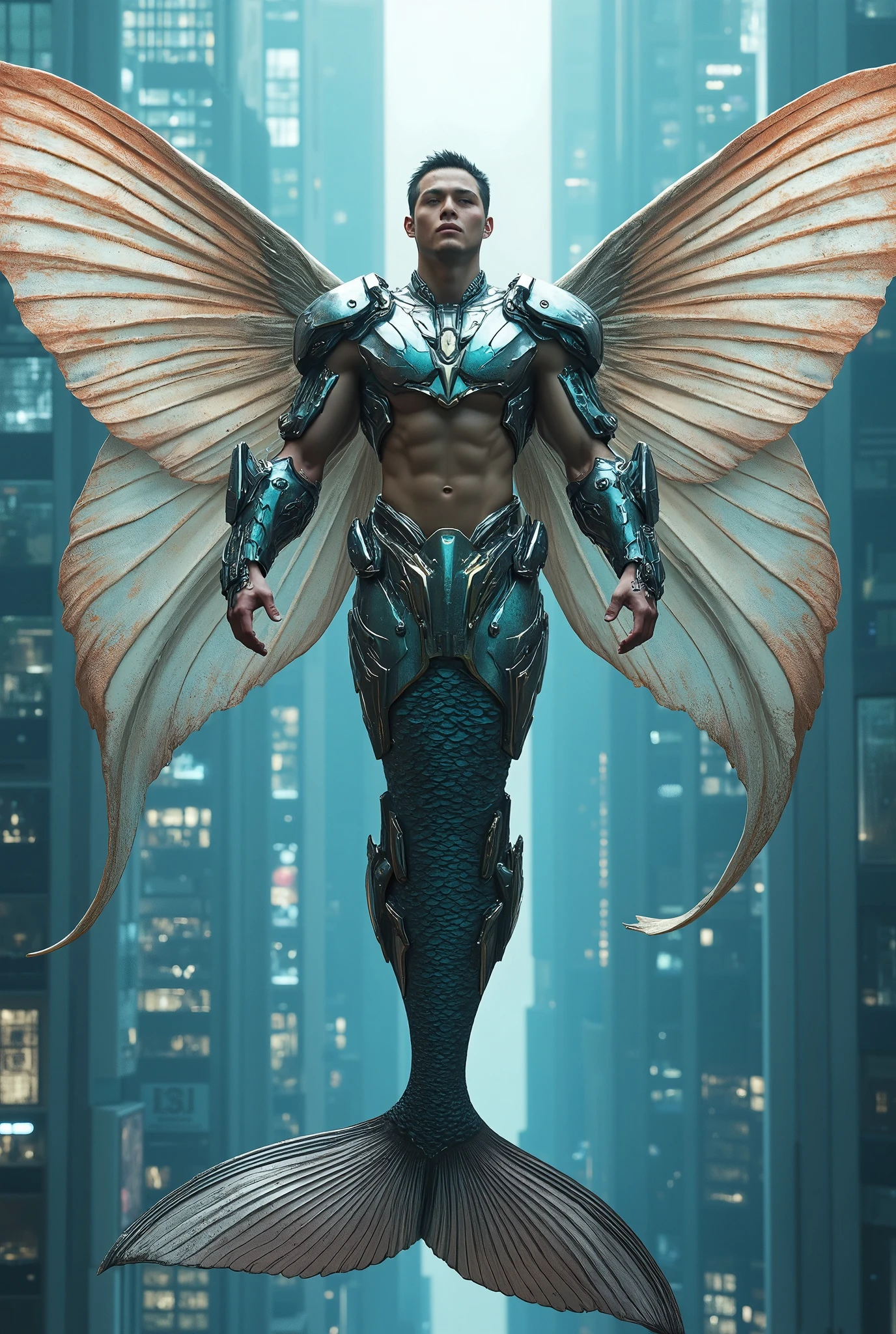 a male mermaid, Butterfly Wings，Transparent armor，Cyberpunk，Future Cities，Flying in the sky，Dynamic poses，Cinematic Lenses，panoramic
