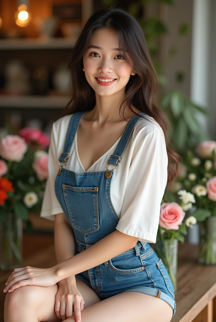 1girl、超美人な20代の日本人女性、Sorrisos、Fashion model、big Chest、perfect style、skinny waist、Focus on the eyes、Raw flower shop、Time Jobs in Florists、apron