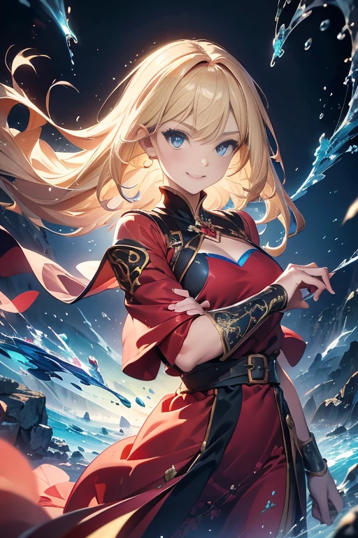 woman,, View your audience, Long Hair, Ahoge, blonde, Drill Hair, blue eyes, Slanted Eyes, smile, beautiful, Sparkling Red Afternoon Dress, long term, Standing, courtesy, Upper Body、A glittering medieval ball, Speedy Shot, masterpiece, Best Quality, detailed, ultra detailed, hyper detailed, insanely detailed, Exquisite, beautiful, Full HD, 16k, cute, Fantasy, A vibrant academic community, Soft line design, Soft Surface, Simple line drawing, Cowboy Shot, Front View, The best light, Fast shutter speed, Written boundary depth, Highly saturated colors, Vibrant colors, Bright colors, Dreamy watercolor painting, Best Hand