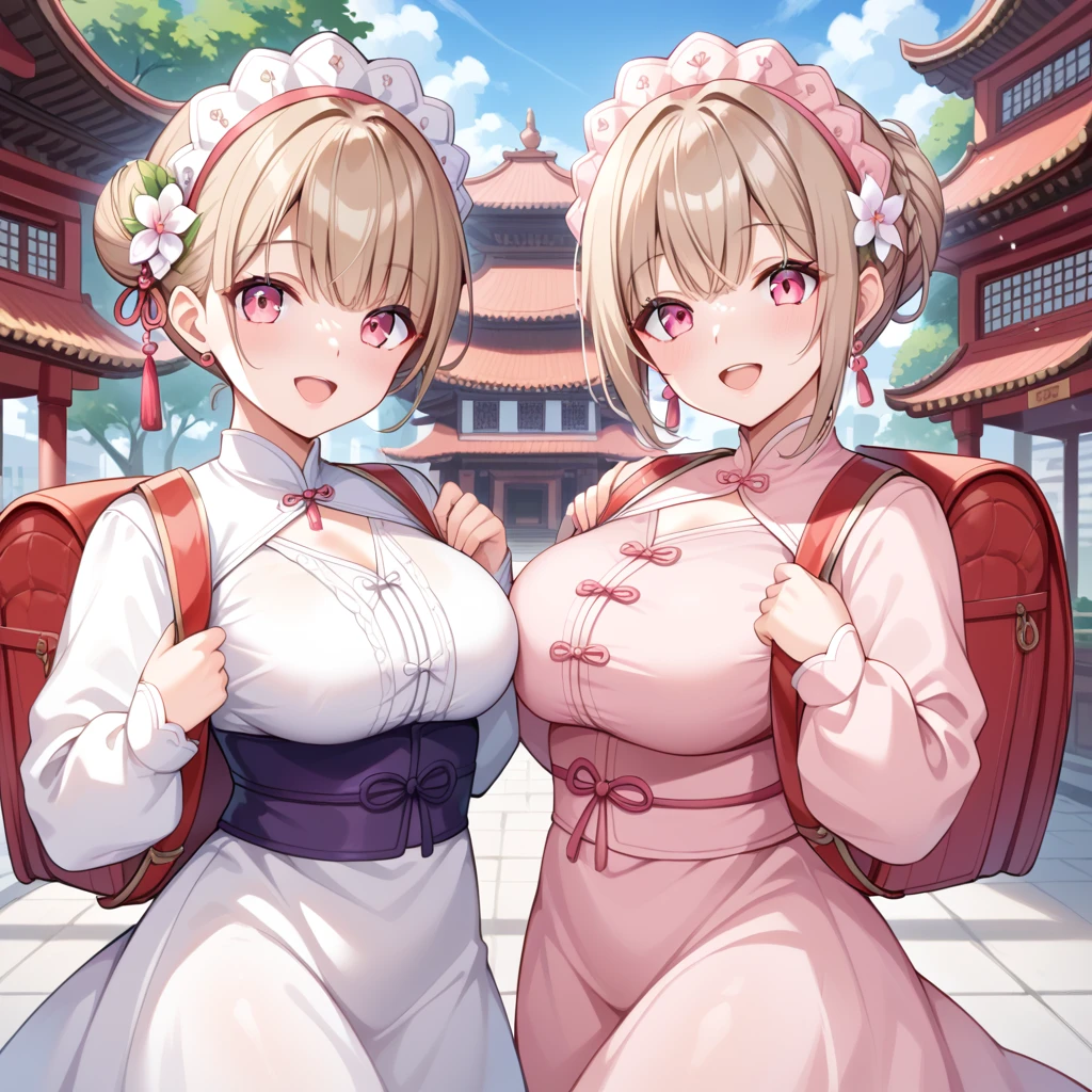 masterpiece, Best quality, Waterfront, banquet, 1 female, Mature women, Elegant, Chinese, Ancient China, elder sister, Royal elder sister, Happy, Ball head, Light brown hair, Pink Eye, Gorgeous headdress, Light pink lips, Pink clothes, Yarn Clothing, Intellectuals, Full bangs, Straight bangs, Flower Balls, Delicate face,Hair Bun