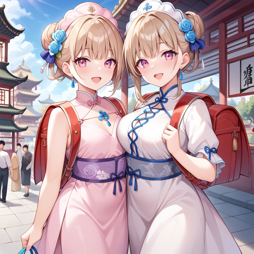 masterpiece, Best quality, Waterfront, banquet, 1 female, Mature women, Elegant, Chinese, Ancient China, elder sister, Royal elder sister, Happy, Ball head, Light brown hair, Pink Eye, Gorgeous headdress, Light pink lips, Pink clothes, Yarn Clothing, Intellectuals, Full bangs, Straight bangs, Flower Balls, Delicate face,Hair Bun