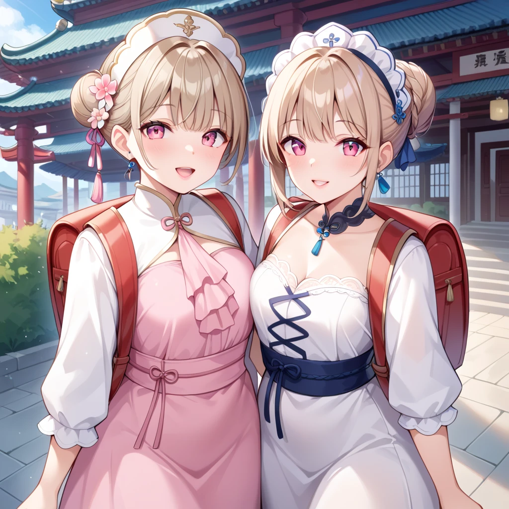 masterpiece, Best quality, Waterfront, banquet, 1 female, Mature women, Elegant, Chinese, Ancient China, elder sister, Royal elder sister, Happy, Ball head, Light brown hair, Pink Eye, Gorgeous headdress, Light pink lips, Pink clothes, Yarn Clothing, Intellectuals, Full bangs, Straight bangs, Flower Balls, Delicate face,Hair Bun