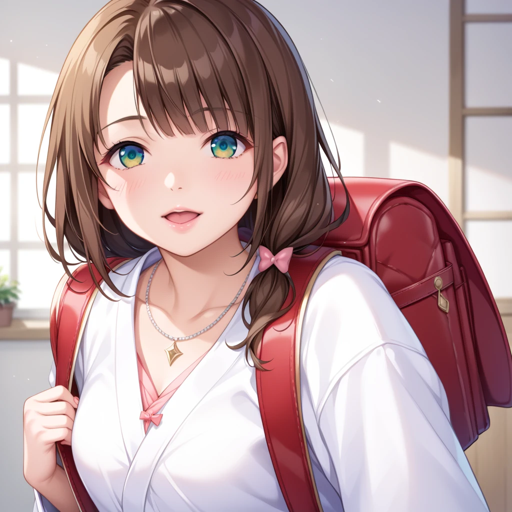 Final Fantasy (Yuna) Brown hair、Wearing white kimono、Anime girl holding a necklace, Beautiful character drawings, Soft Anime CG Art, Realistic anime style, Beautiful anime portrait, Beautiful anime women, Realistic anime girl rendering, Makoto Shinkai and artgerm, Realistic 3D anime style, Anime realism style,  Anime style digital art, Beautiful anime girl